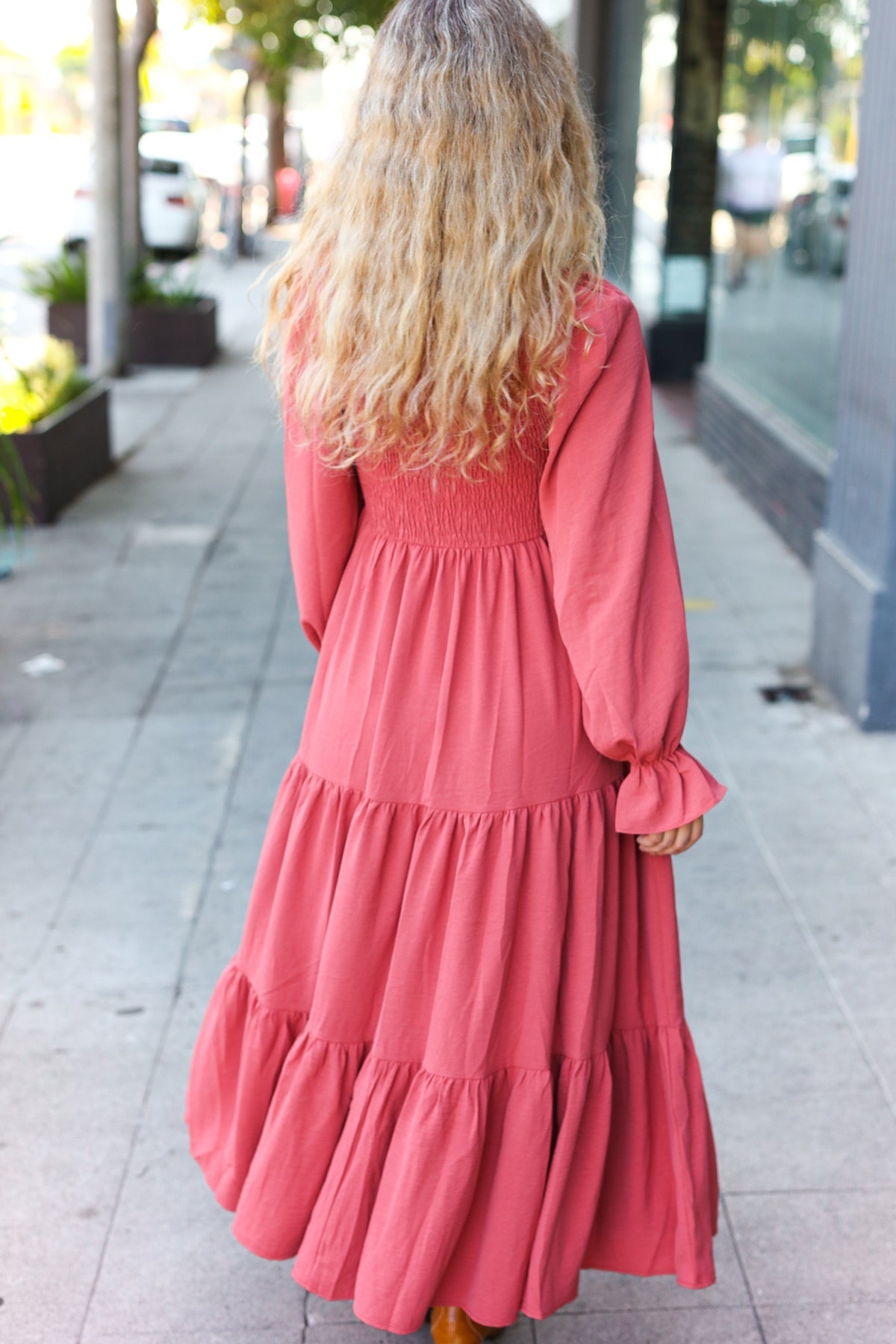 Haptics Marsala Smocked Ruffle Sleeve Maxi Dress