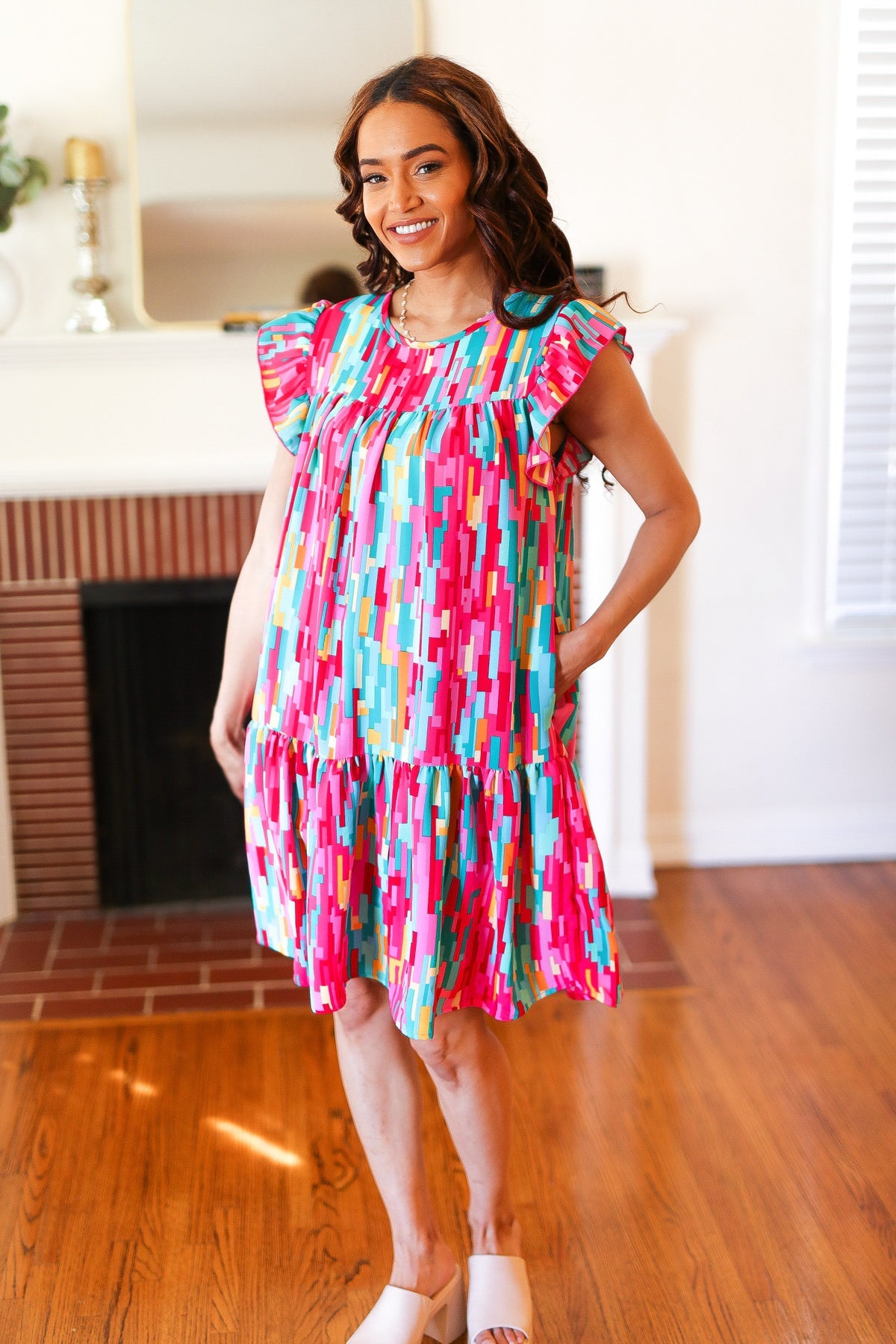 Haptics Multicolor Abstract Print Tiered Ruffle Sleeve Dress