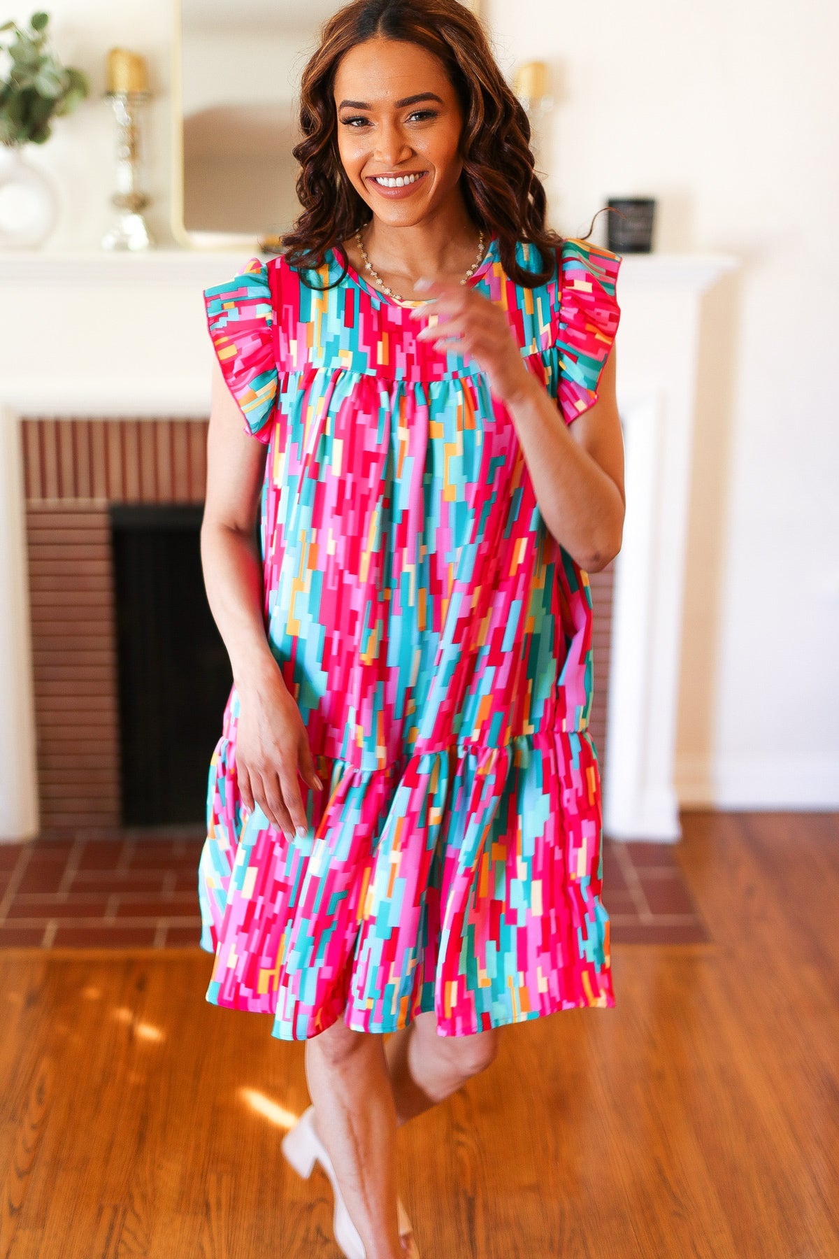 Haptics Multicolor Abstract Print Tiered Ruffle Sleeve Dress