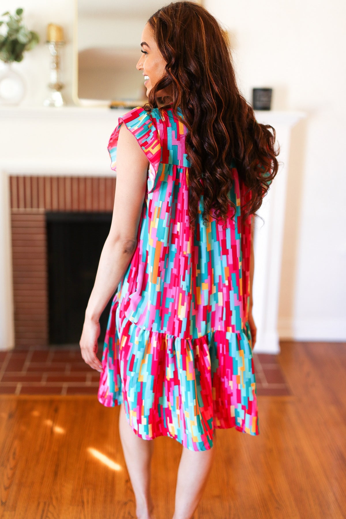 Haptics Multicolor Abstract Print Tiered Ruffle Sleeve Dress