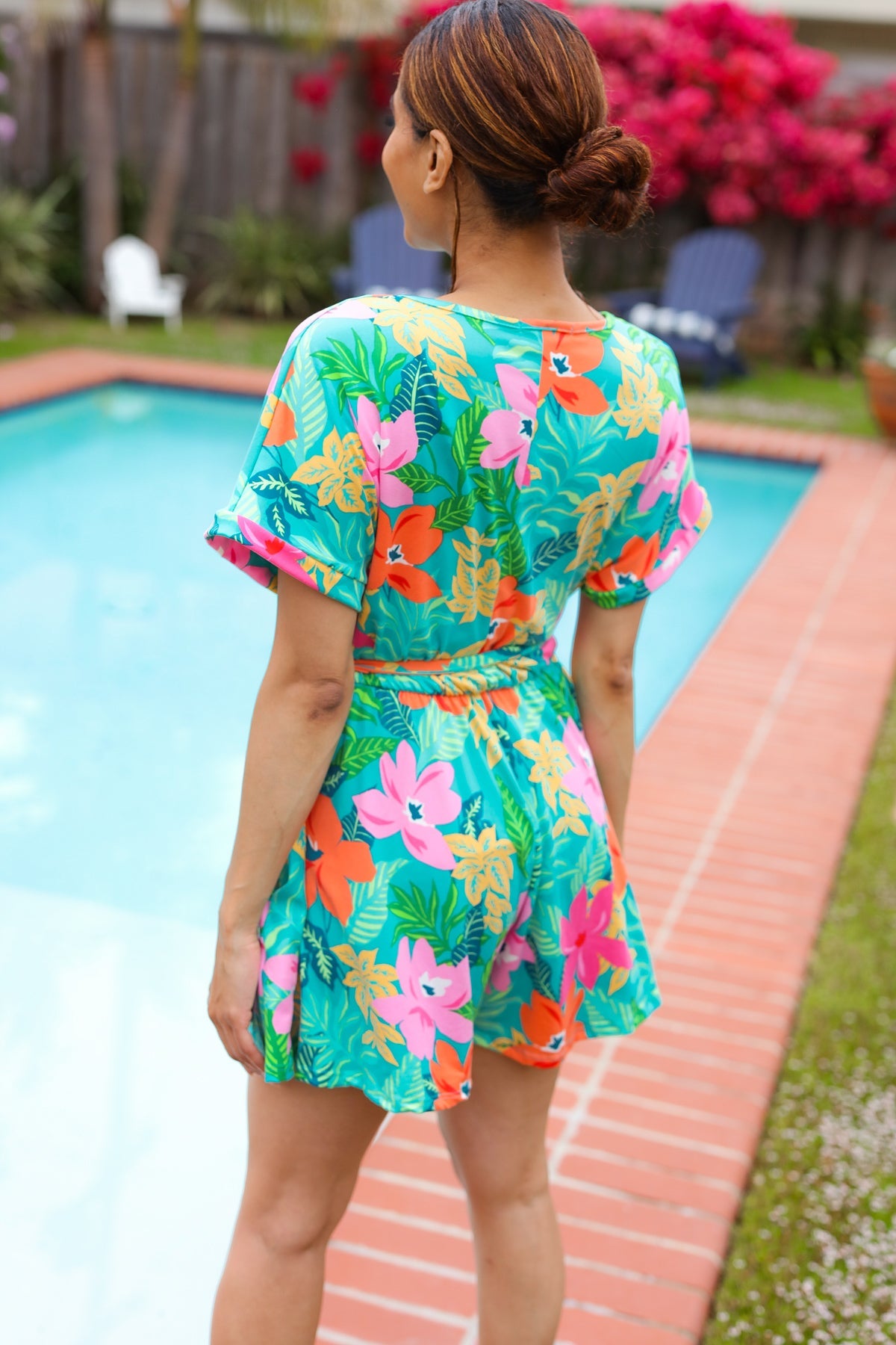 Haptics Turquoise Floral Surplice Tie Waist Romper