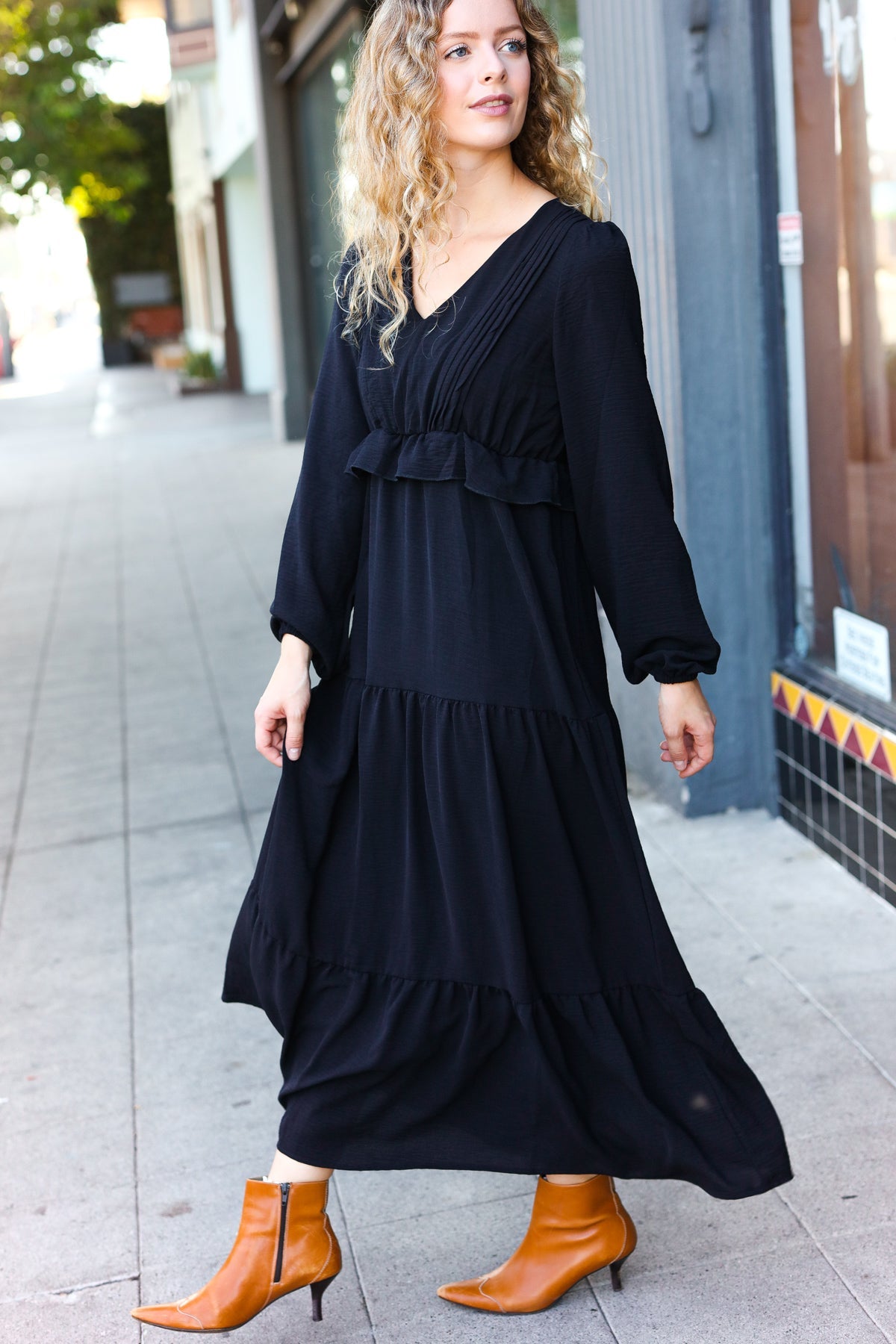 Haptics Black Pintuck Detail Frill V Neck Maxi Dress