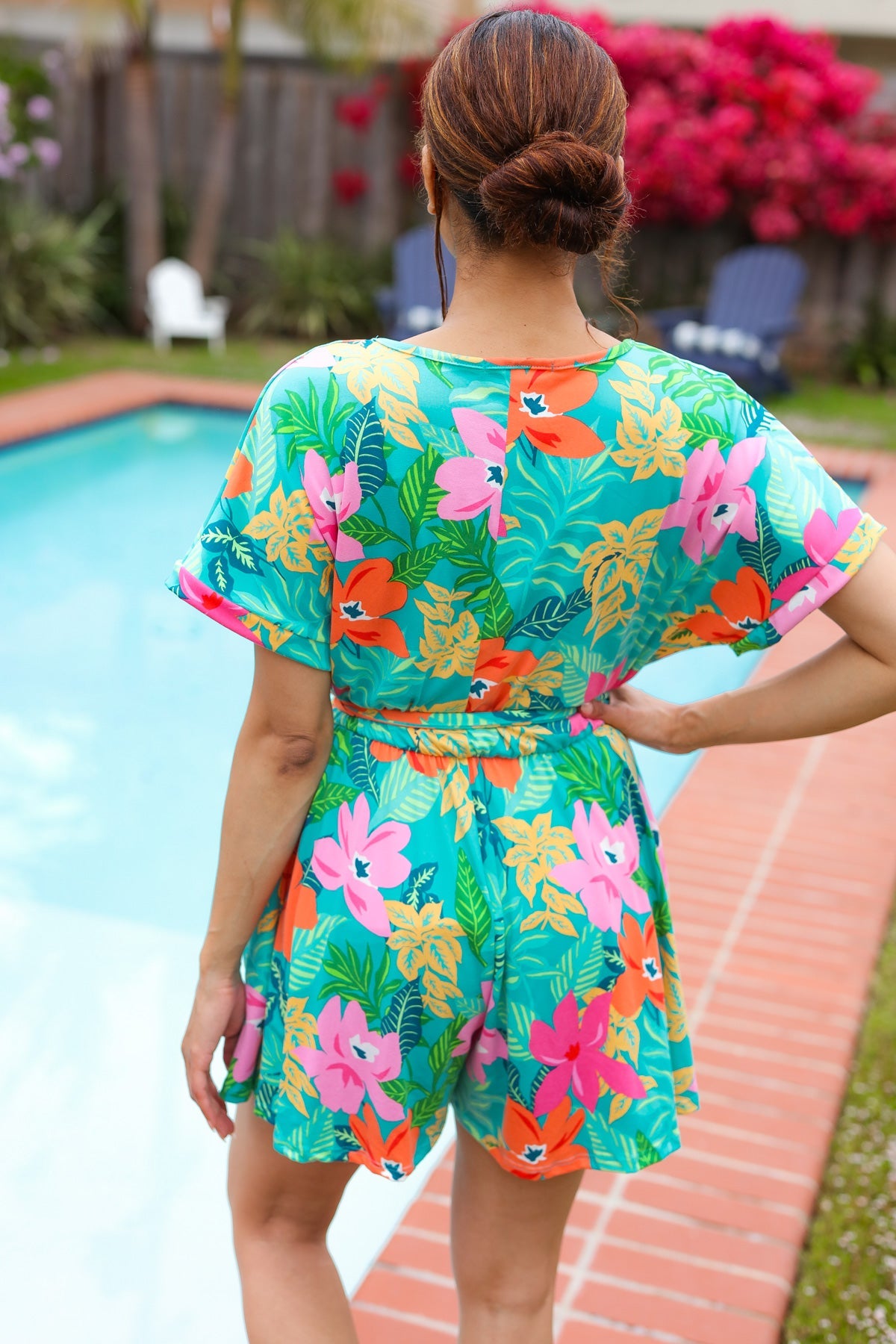 Haptics Turquoise Floral Surplice Tie Waist Romper