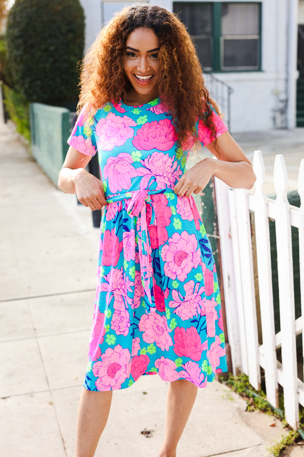 Sunny Days Teal & Fuchsia Big Floral Short Sleeve Dress