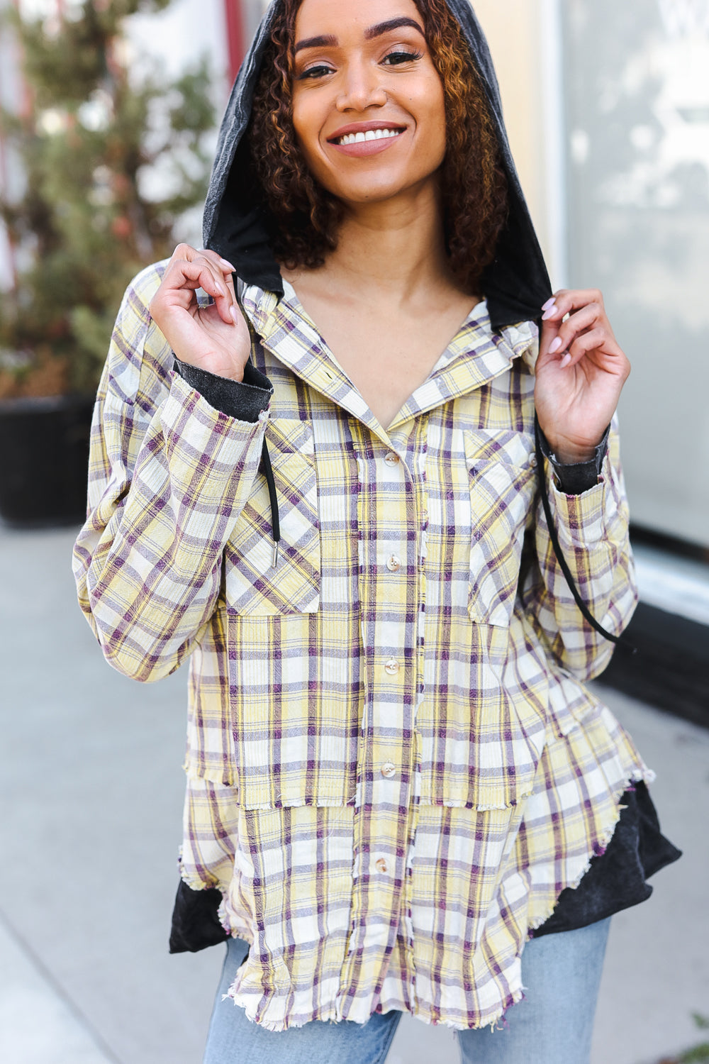 BiBi Taupe & Yellow Plaid Two Fer Shacket Hoodie