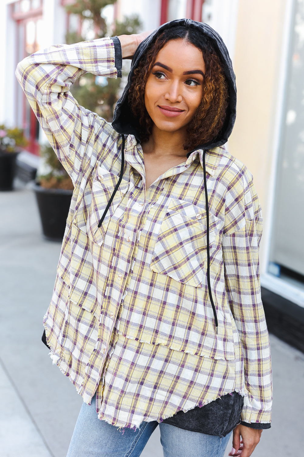 BiBi Taupe & Yellow Plaid Two Fer Shacket Hoodie