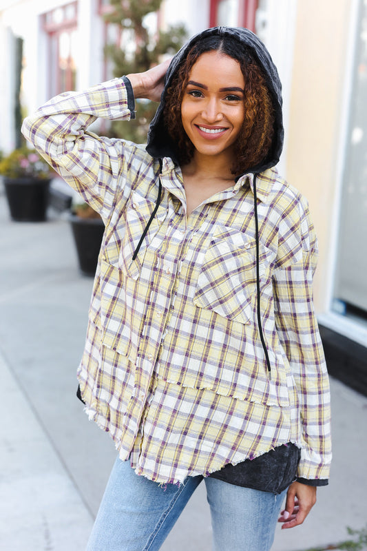 BiBi Taupe & Yellow Plaid Two Fer Shacket Hoodie