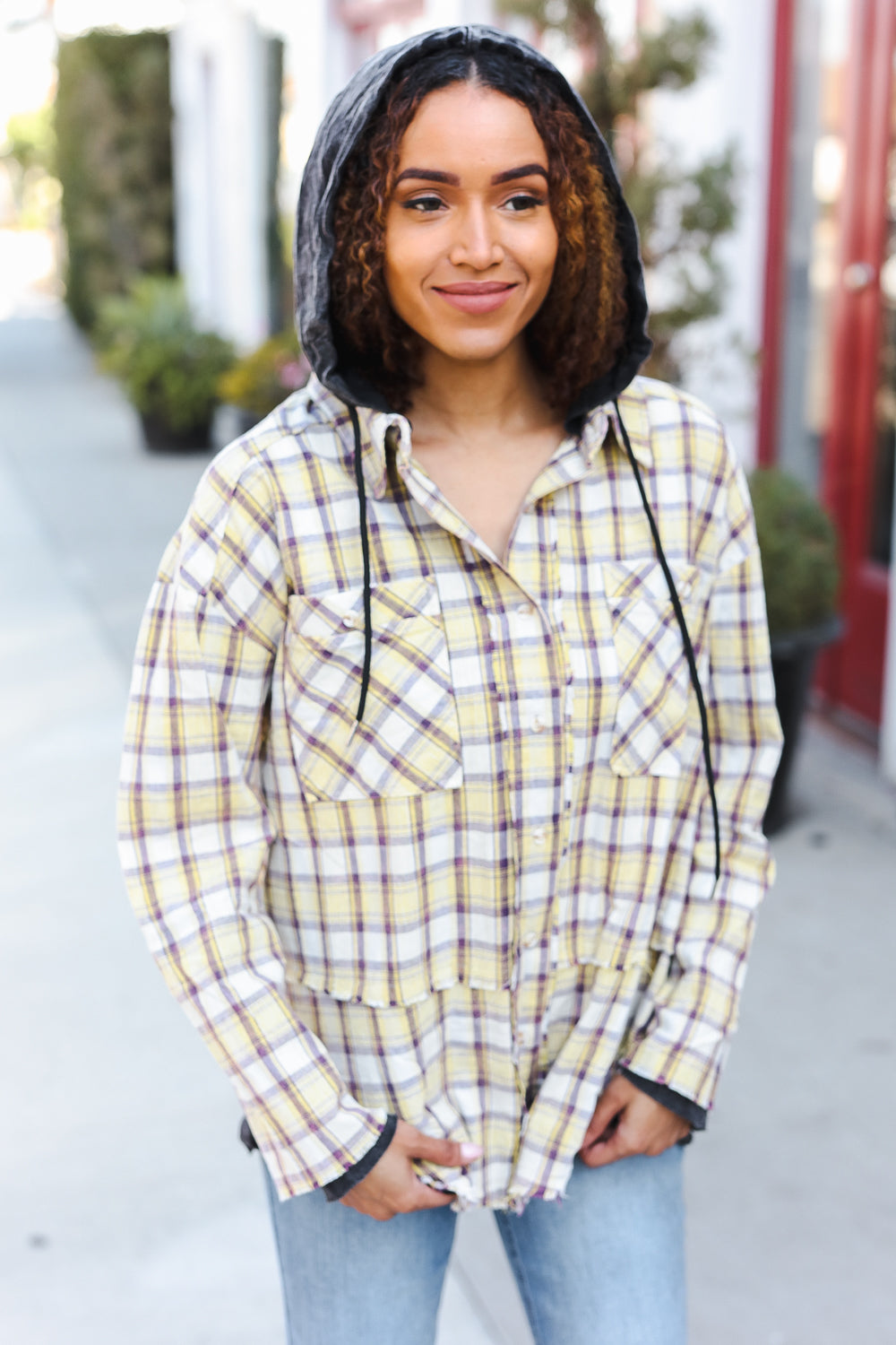 BiBi Taupe & Yellow Plaid Two Fer Shacket Hoodie