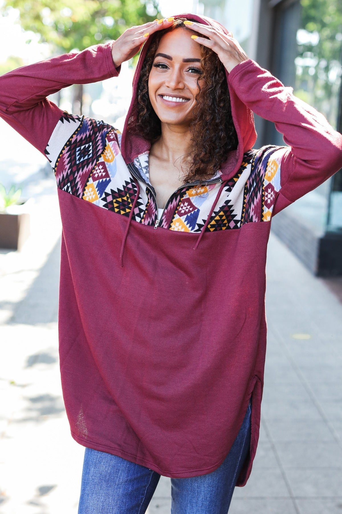 Beeson River Burgundy Tribal Print Half Zip Longline Hoodie