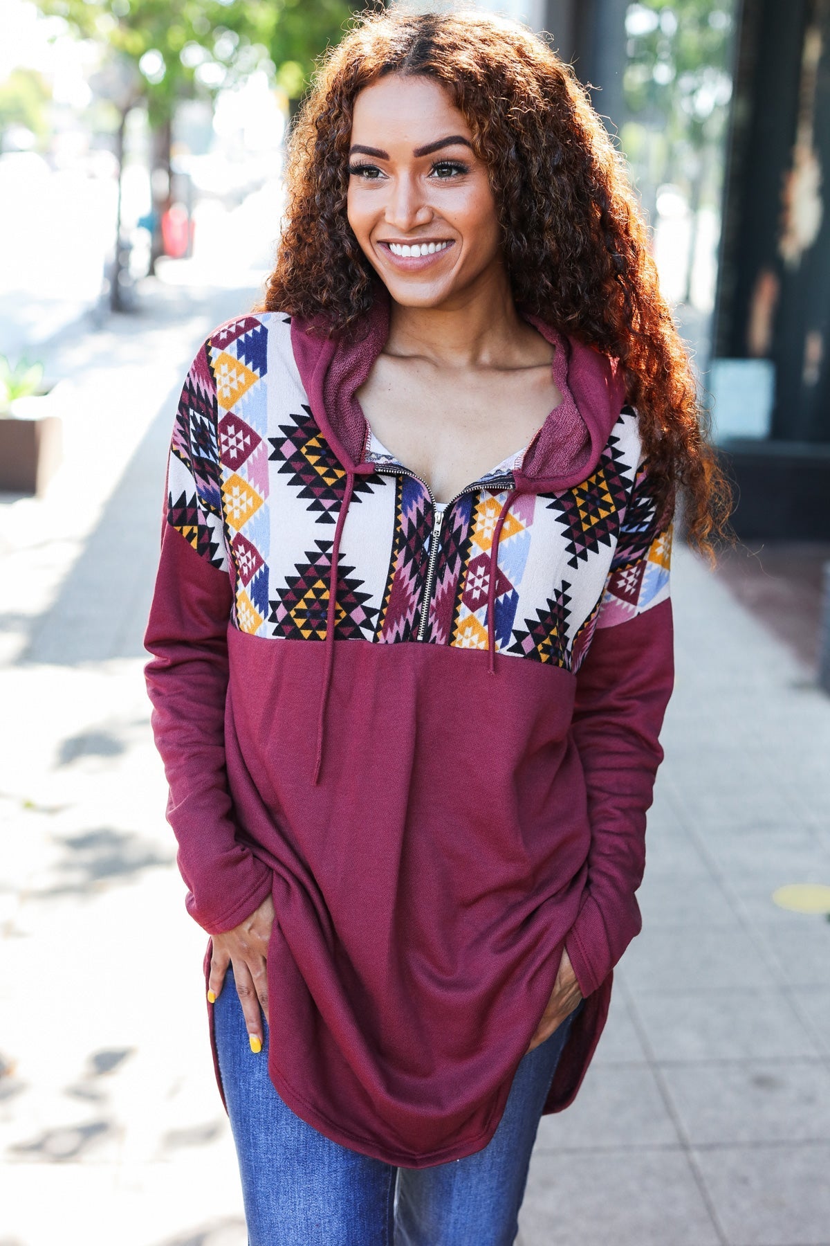 Beeson River Burgundy Tribal Print Half Zip Longline Hoodie