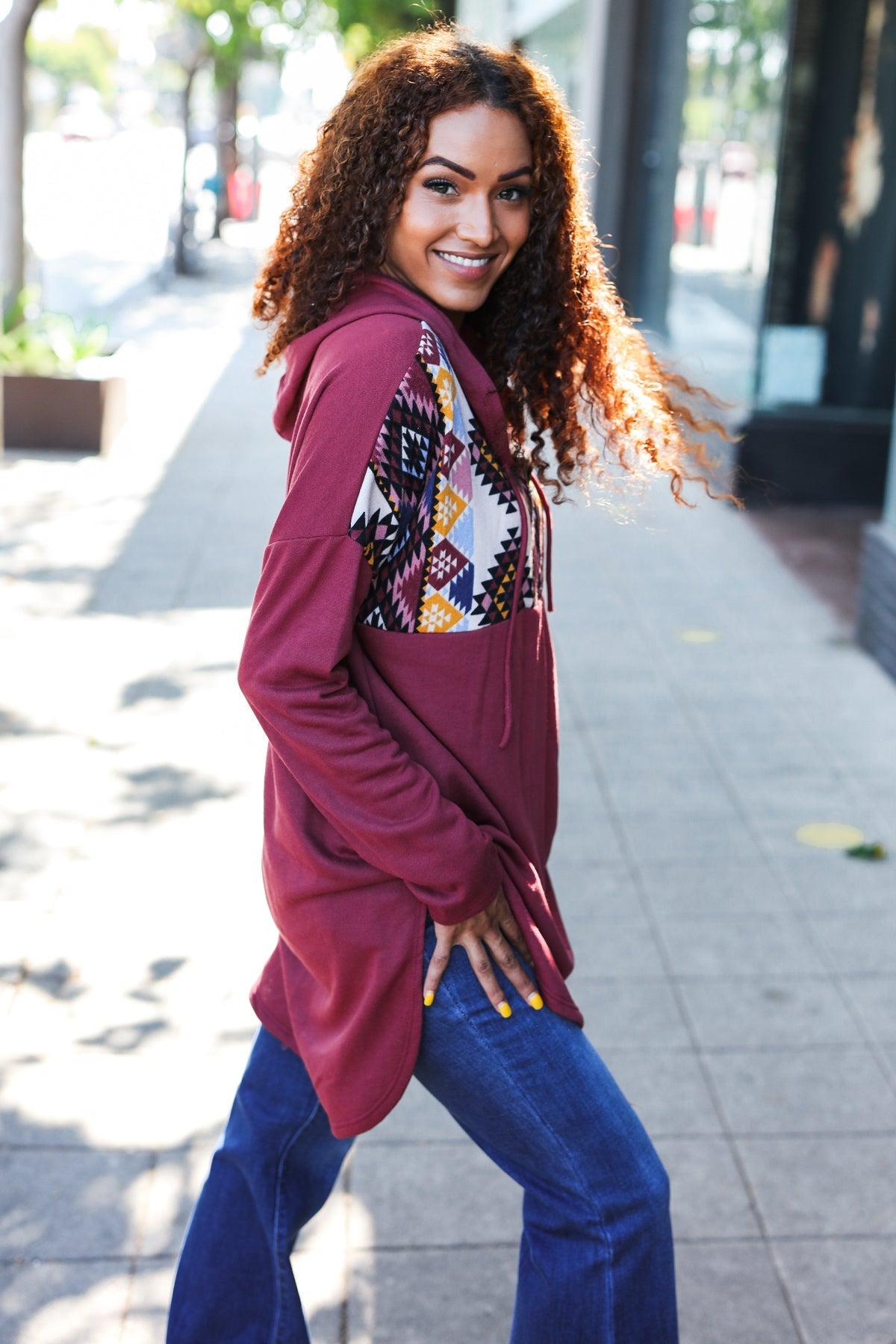 Beeson River Burgundy Tribal Print Half Zip Longline Hoodie