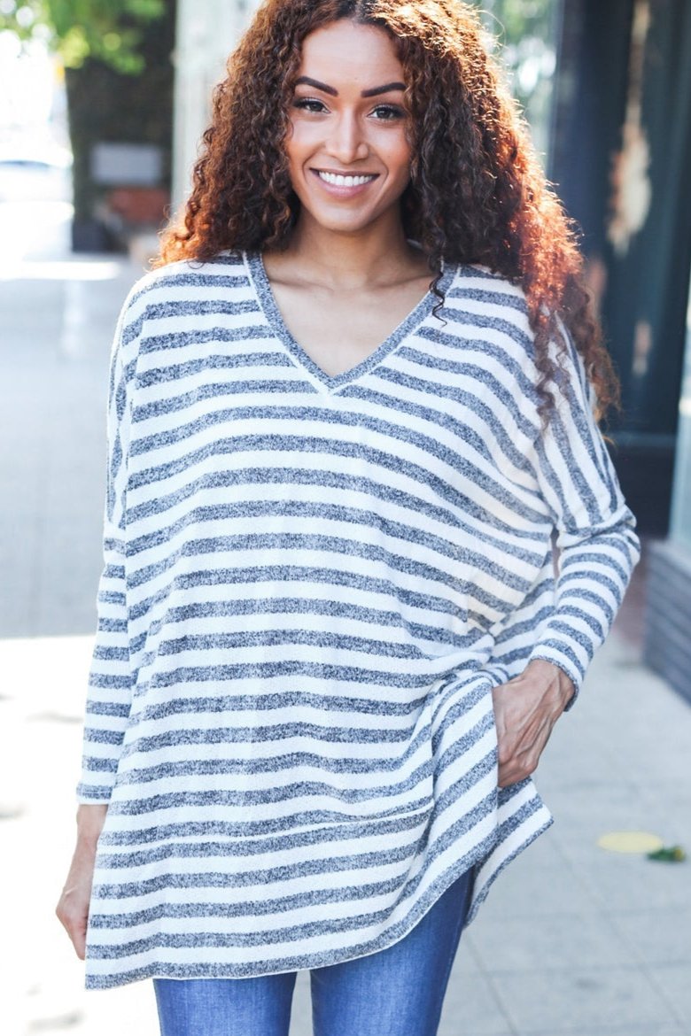 Beeson River Ivory & Grey Striped Hacci Knit Tunic Top