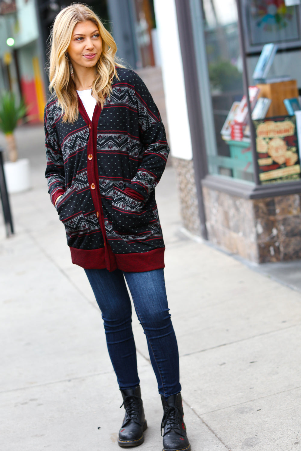 Burgundy Holiday Print Button Cardigan