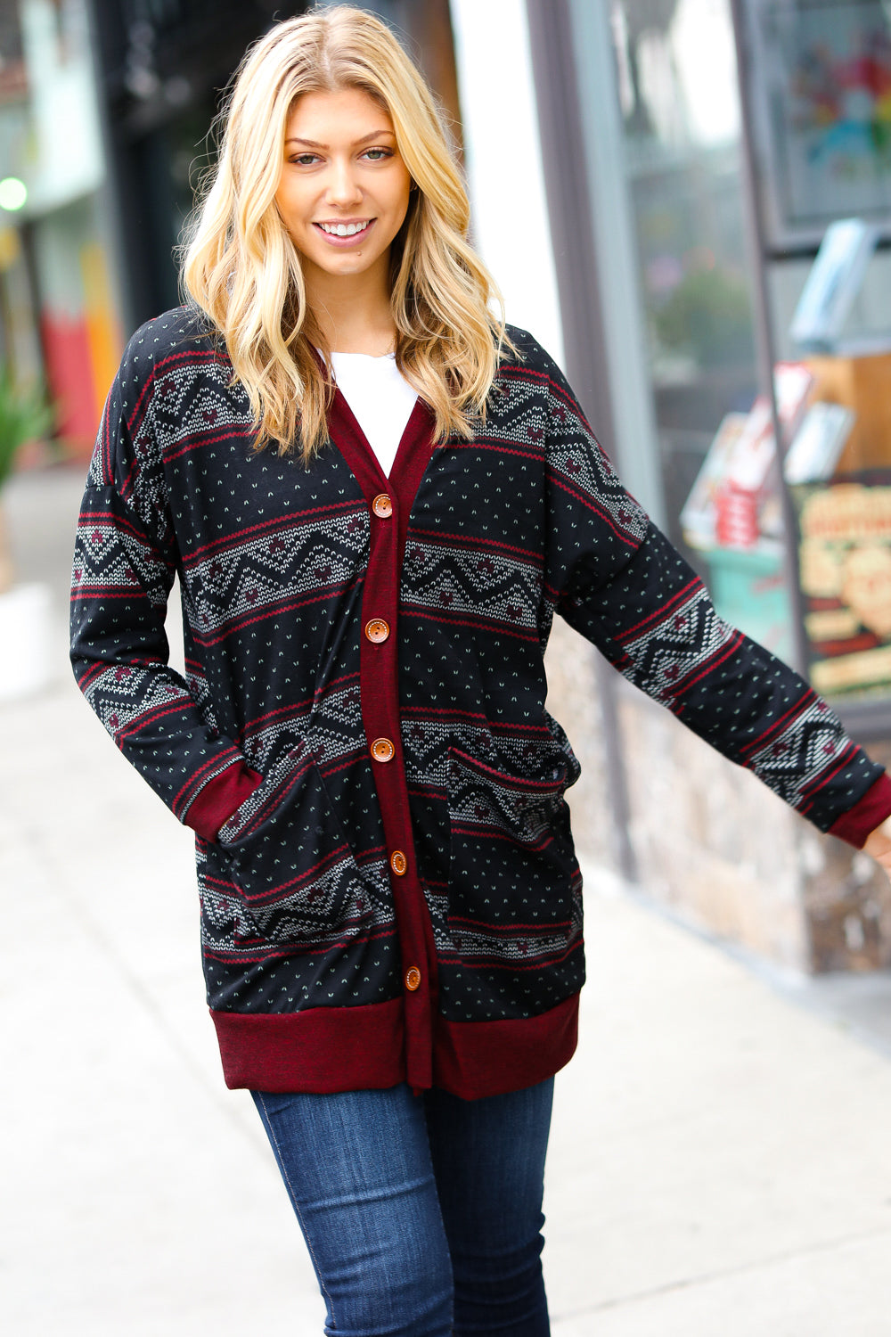 Burgundy Holiday Print Button Cardigan