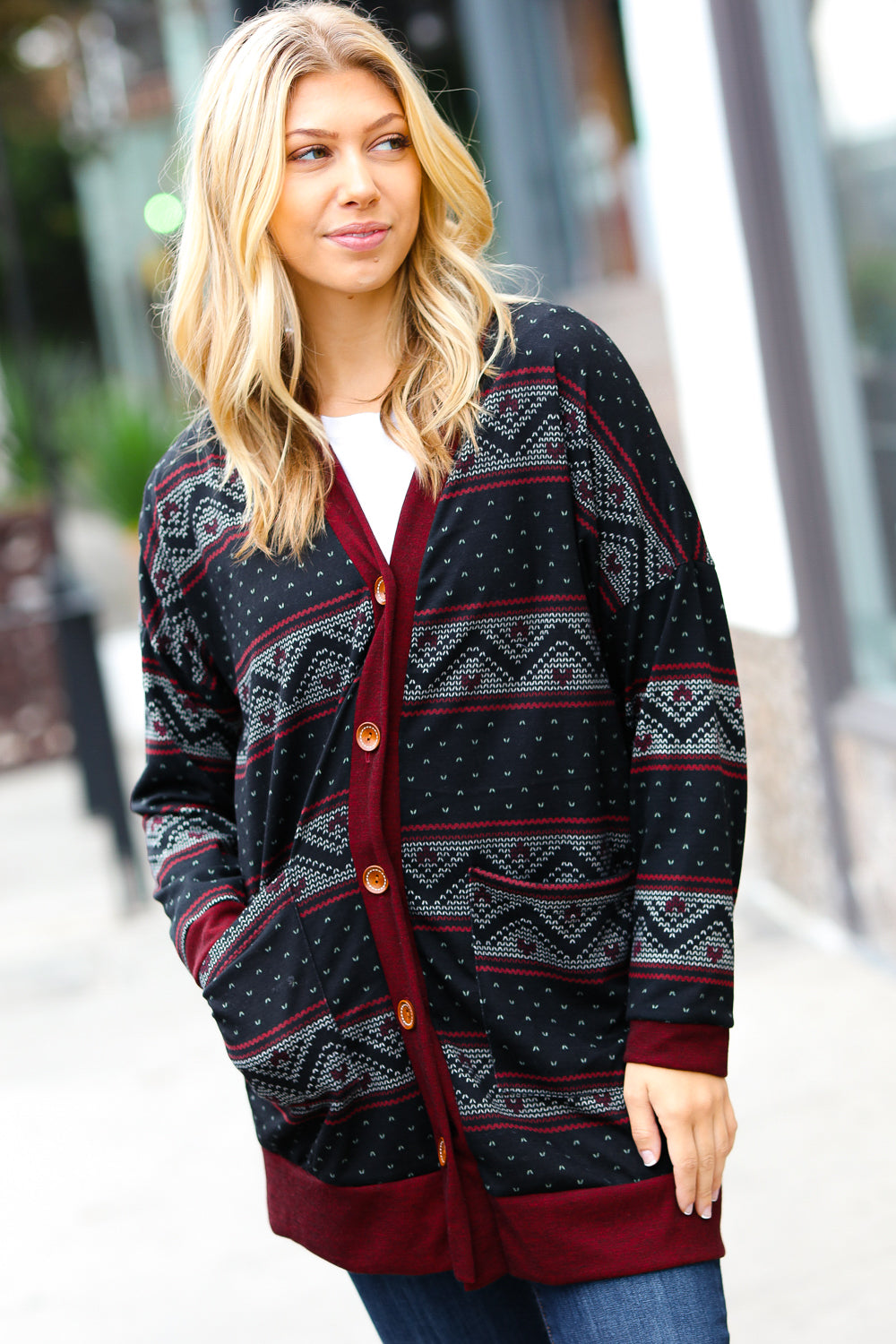 Burgundy Holiday Print Button Cardigan