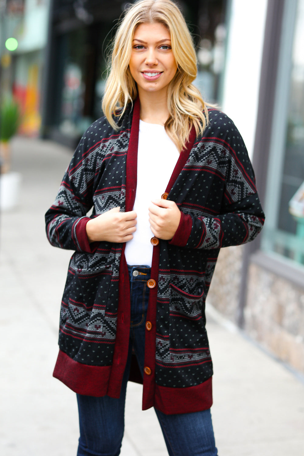 Burgundy Holiday Print Button Cardigan