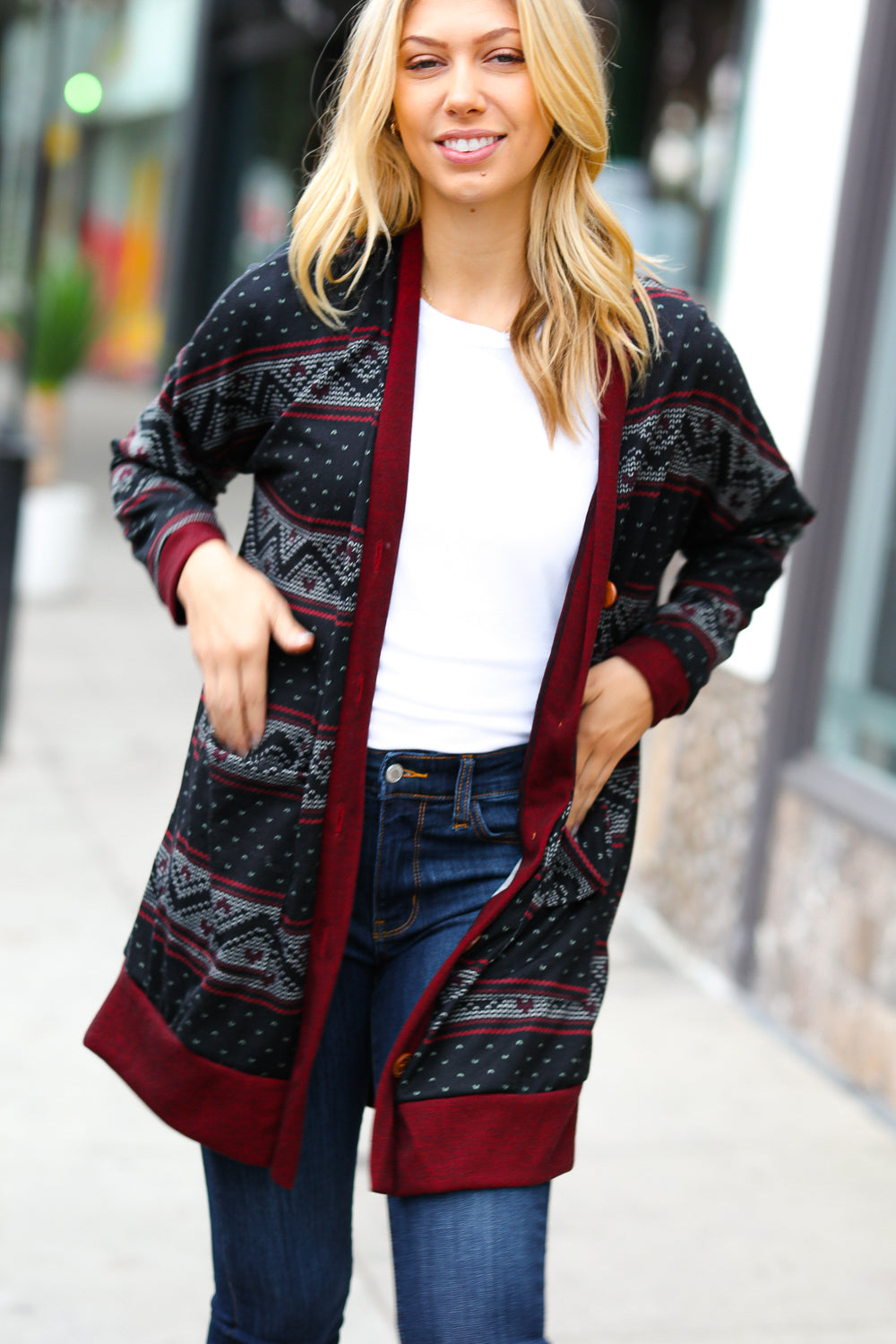 Burgundy Holiday Print Button Cardigan