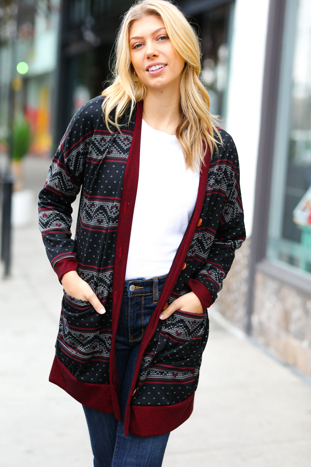 Burgundy Holiday Print Button Cardigan