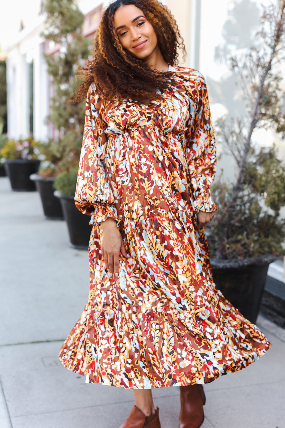 Haptics Mocha Floral Print V Neck Satin Maxi Dress