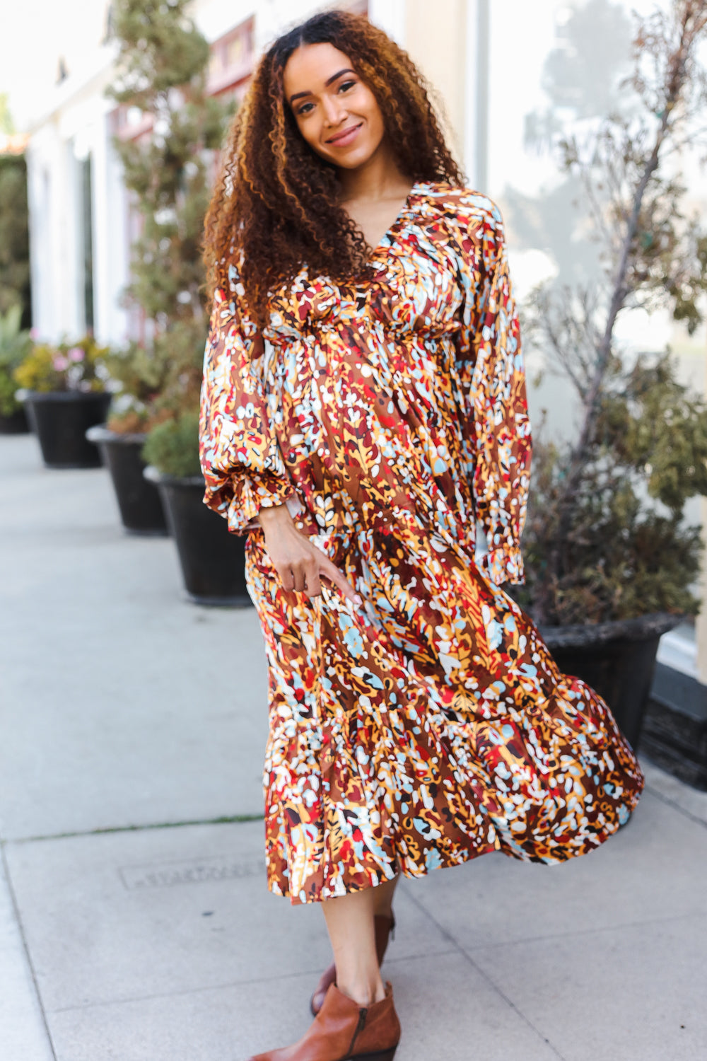 Haptics Mocha Floral Print V Neck Satin Maxi Dress