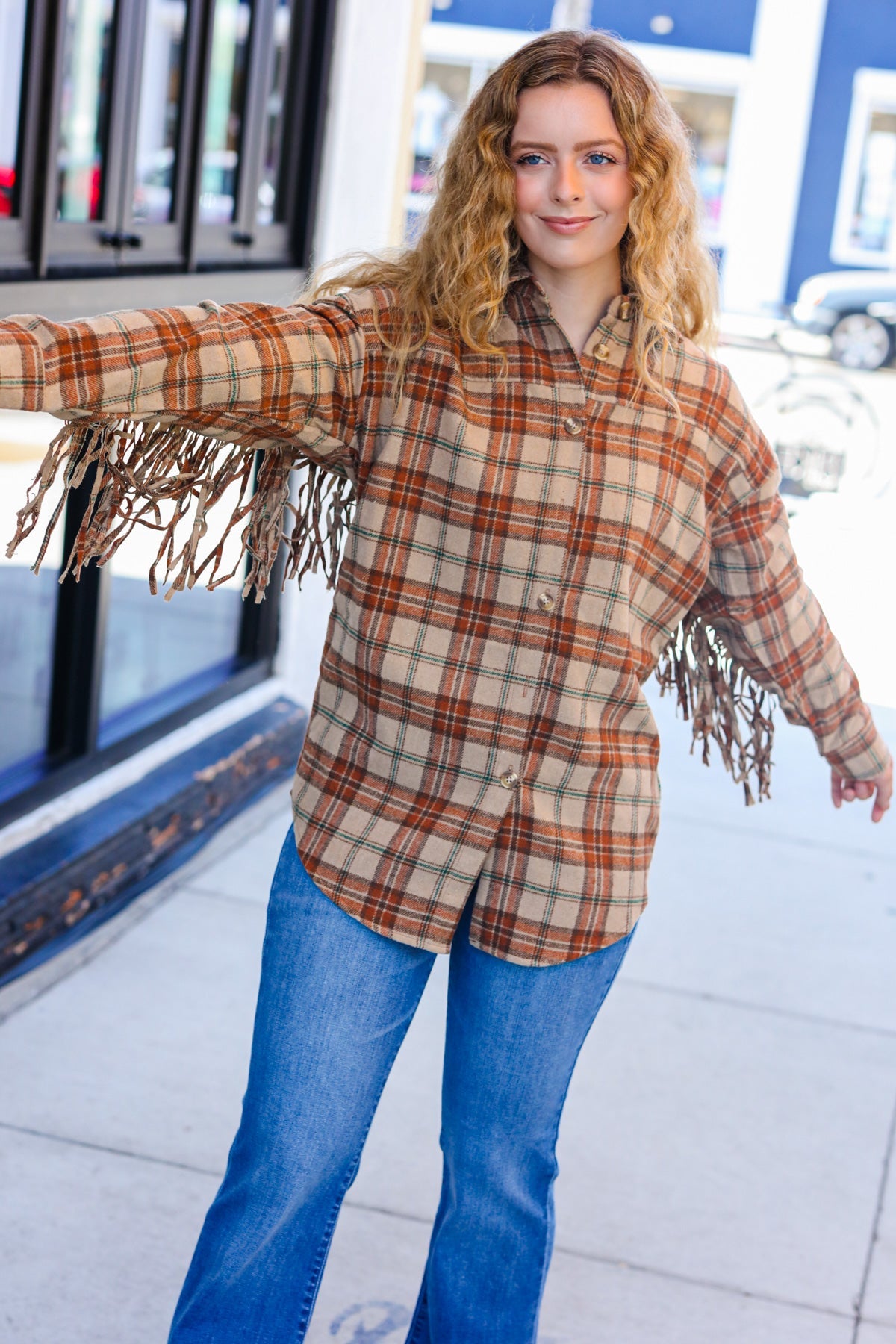 Haptics Taupe & Rust Flannel Plaid Fringe Jacket