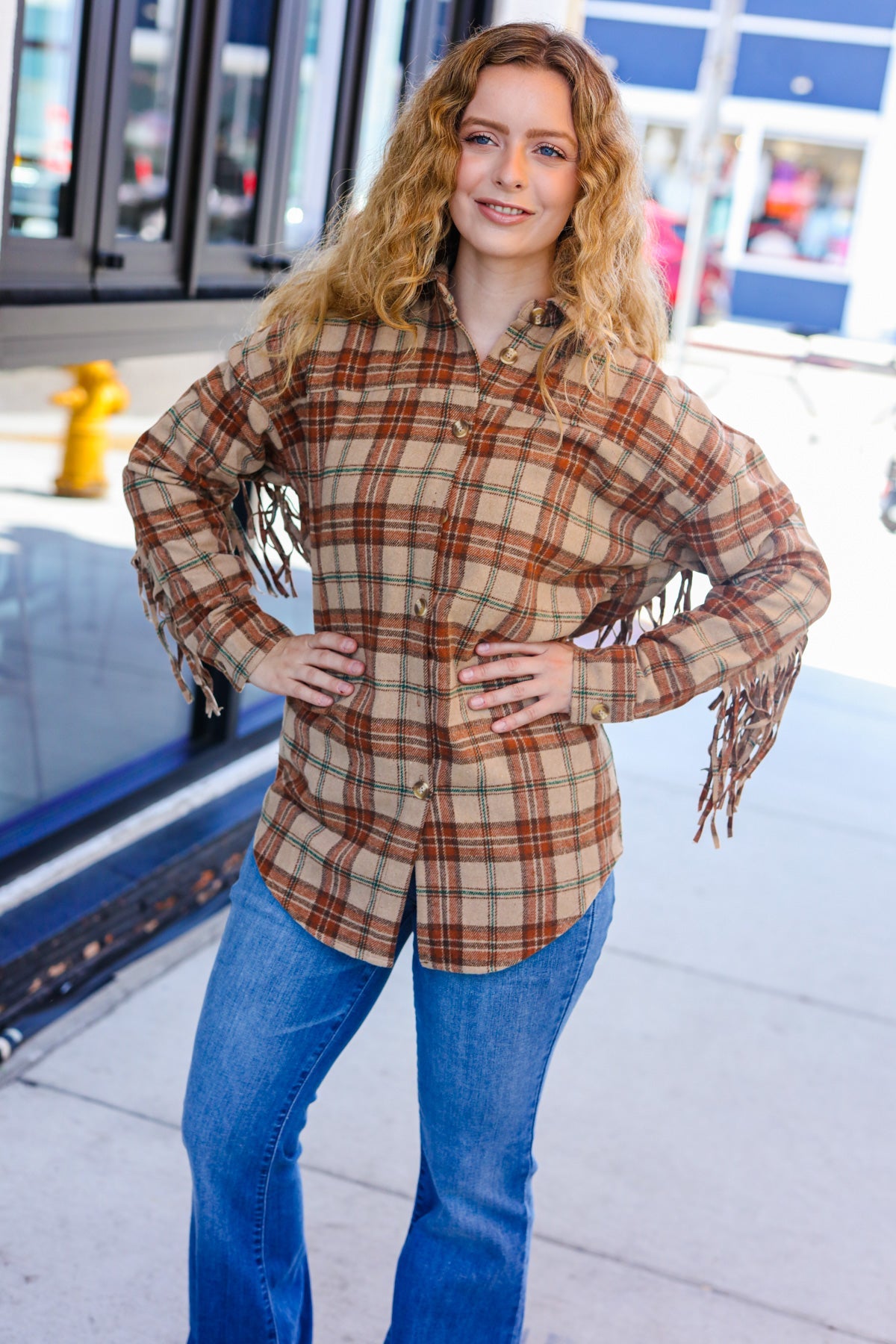 Haptics Taupe & Rust Flannel Plaid Fringe Jacket