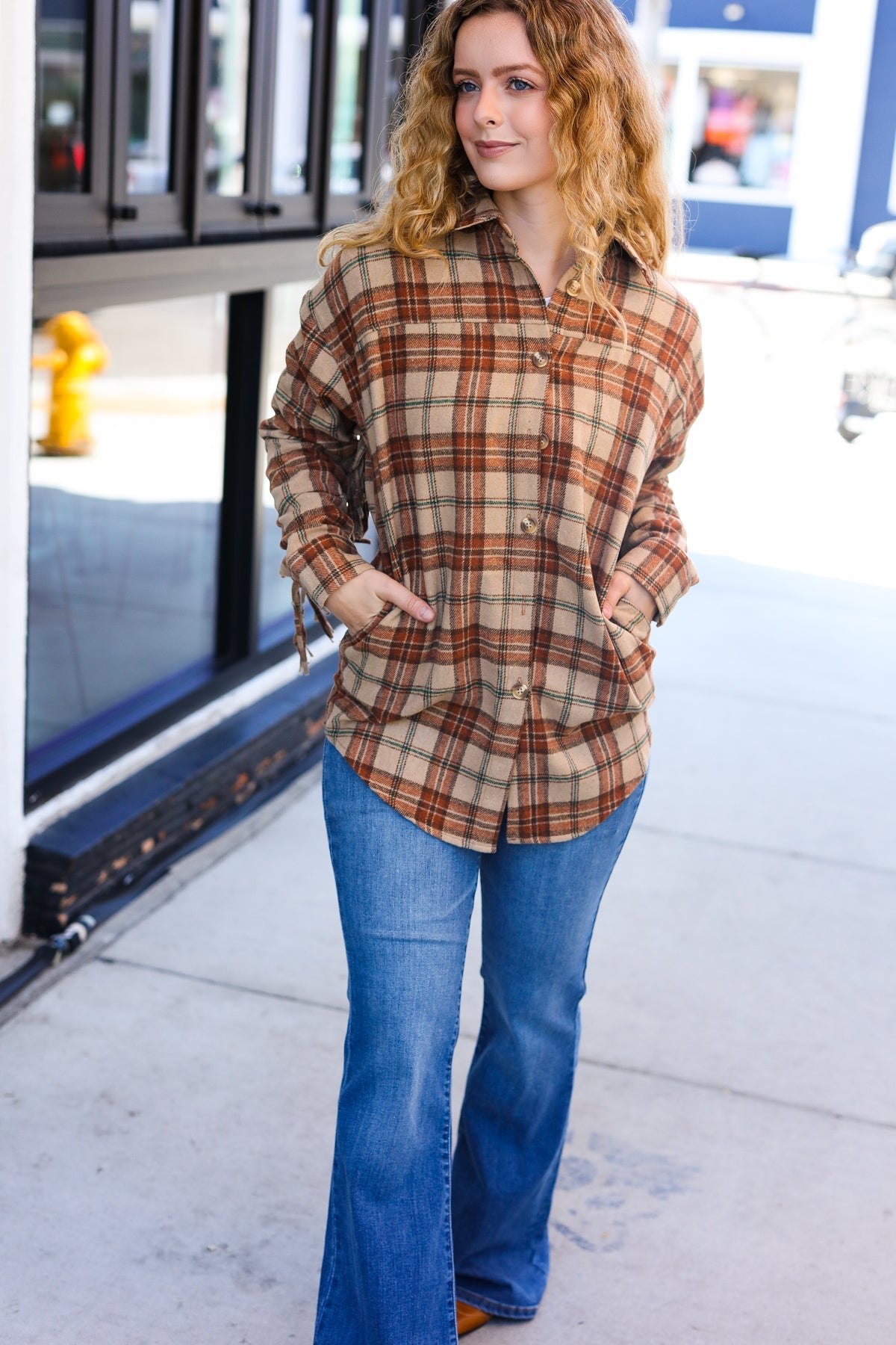 Haptics Taupe & Rust Flannel Plaid Fringe Jacket