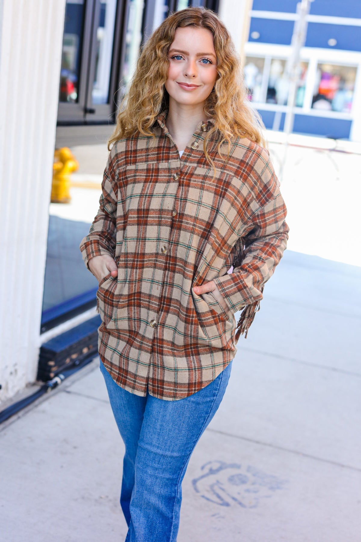 Haptics Taupe & Rust Flannel Plaid Fringe Jacket