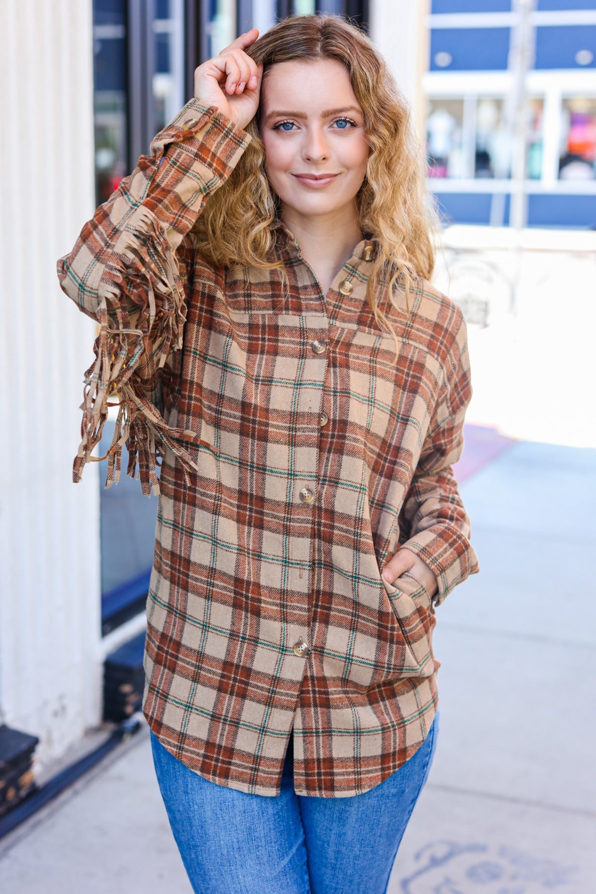 Haptics Taupe & Rust Flannel Plaid Fringe Jacket