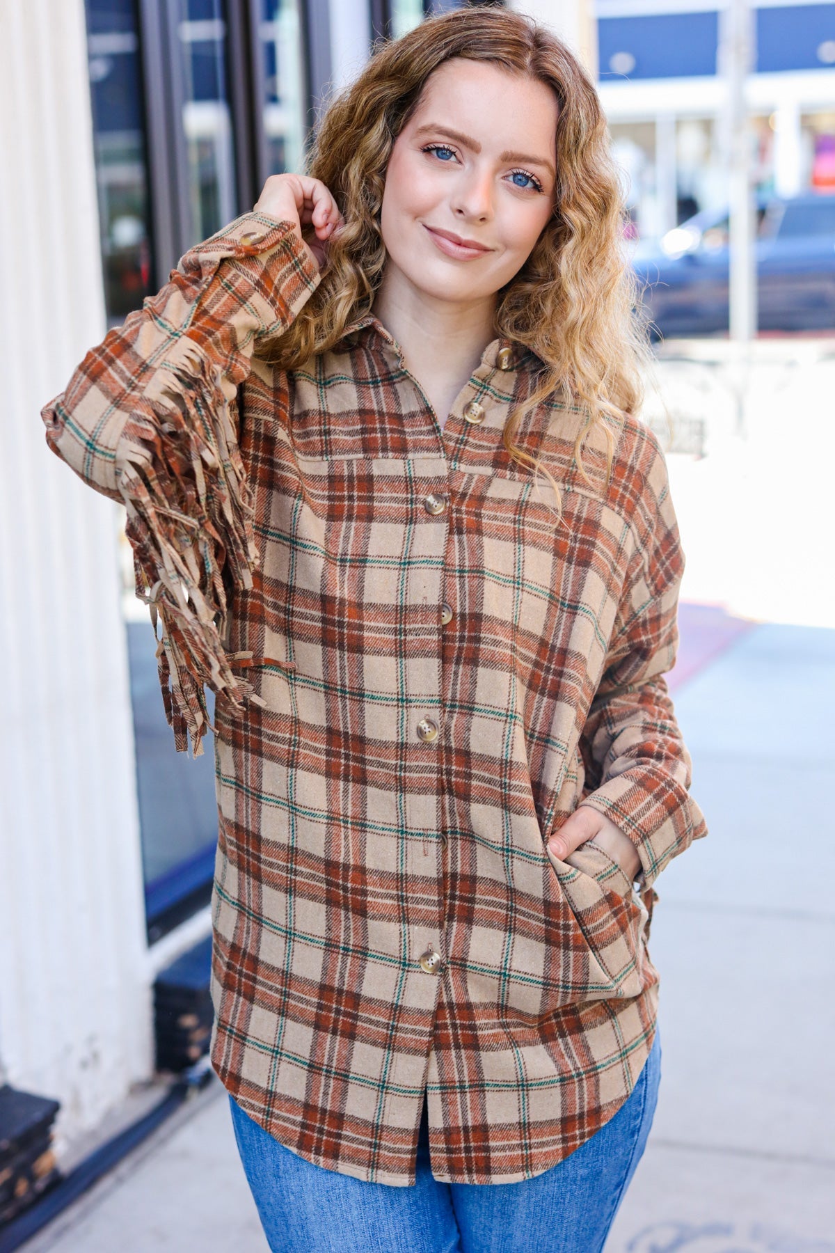 Haptics Taupe & Rust Flannel Plaid Fringe Jacket