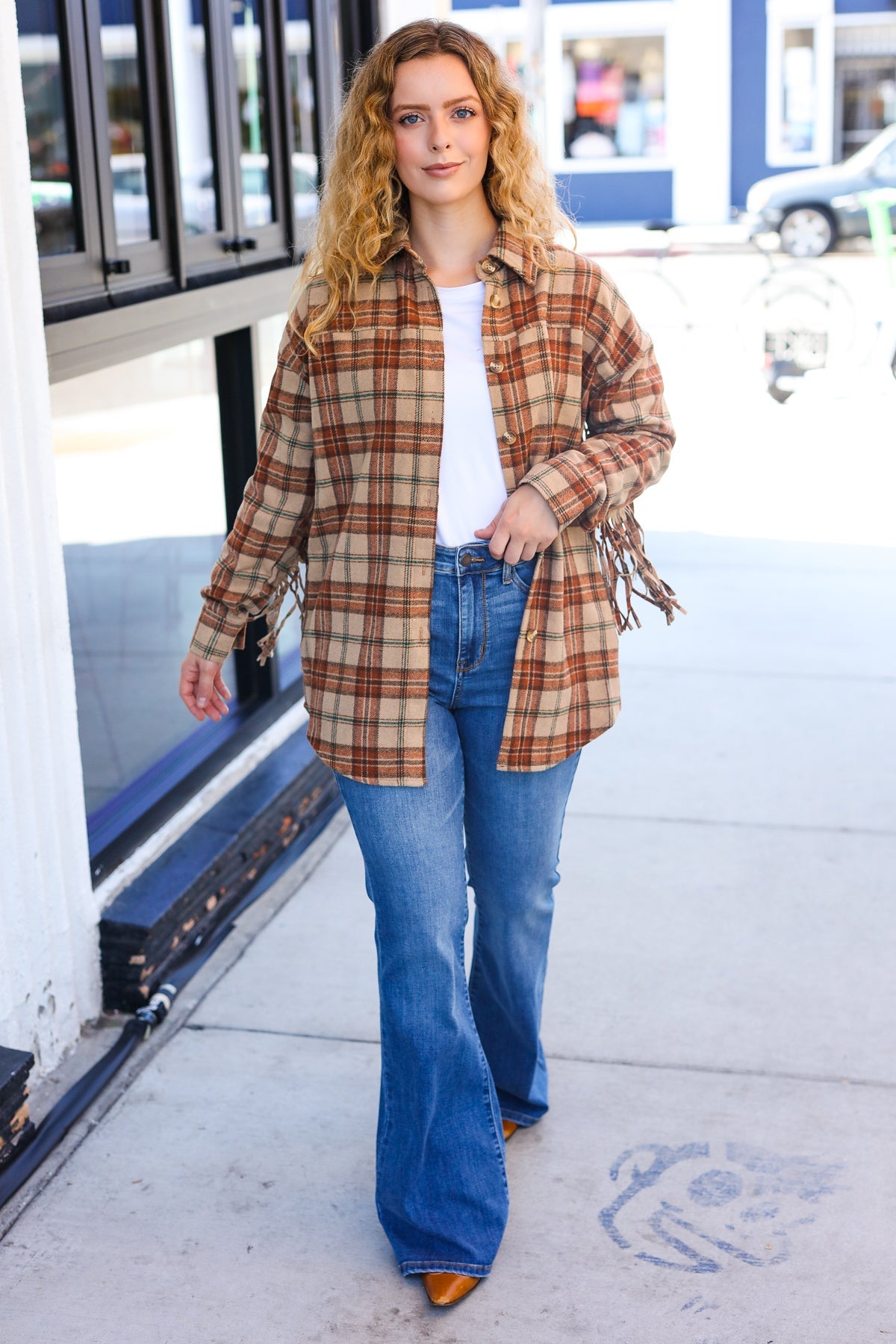 Haptics Taupe & Rust Flannel Plaid Fringe Jacket