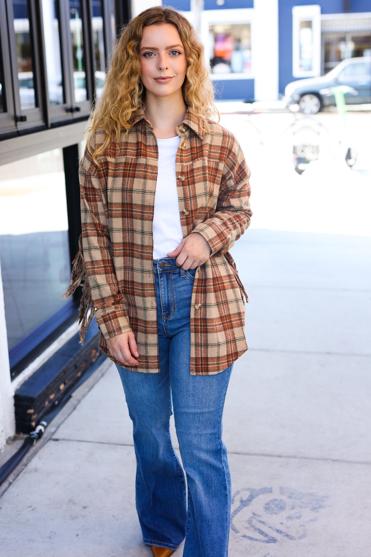 Haptics Taupe & Rust Flannel Plaid Fringe Jacket