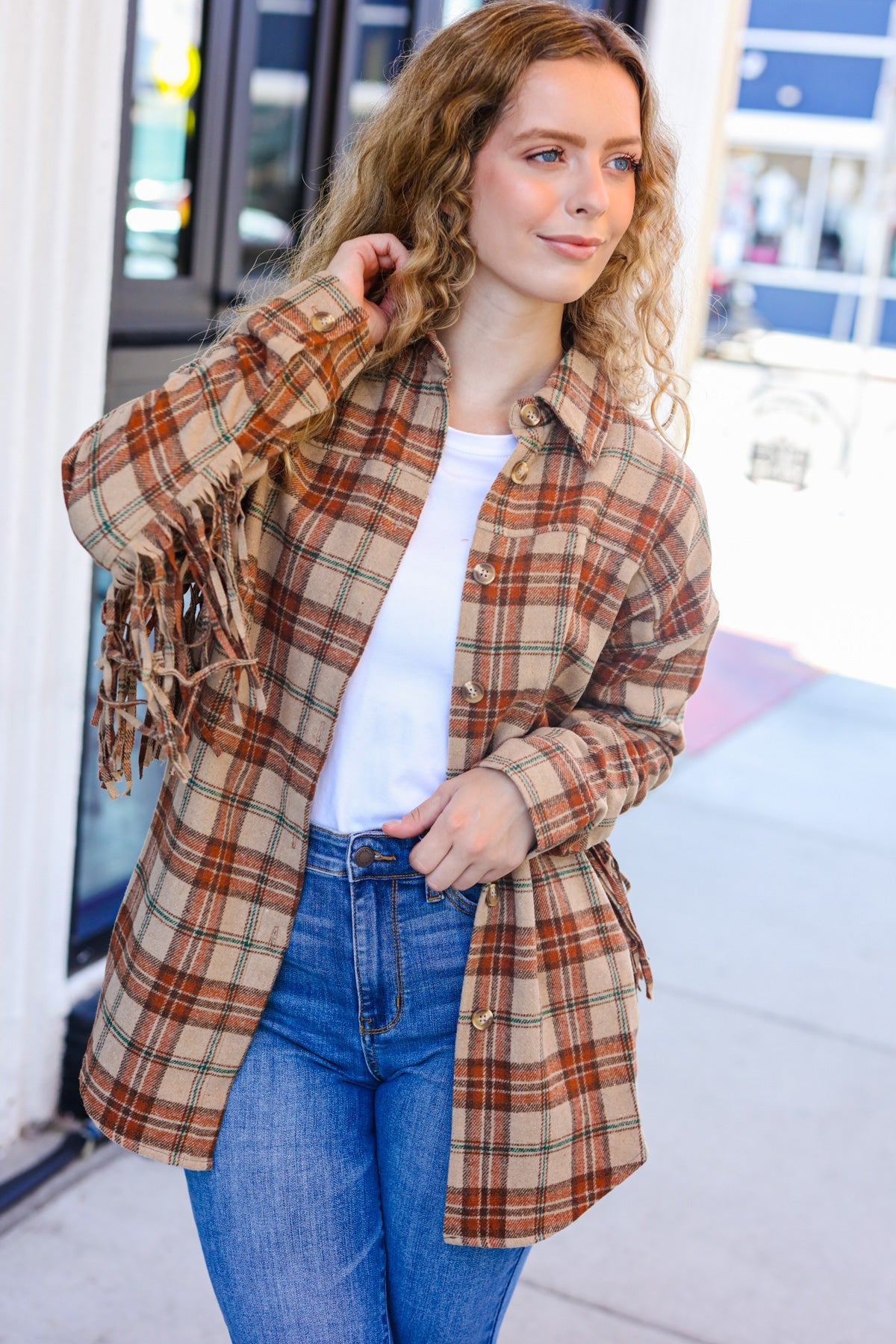 Haptics Taupe & Rust Flannel Plaid Fringe Jacket