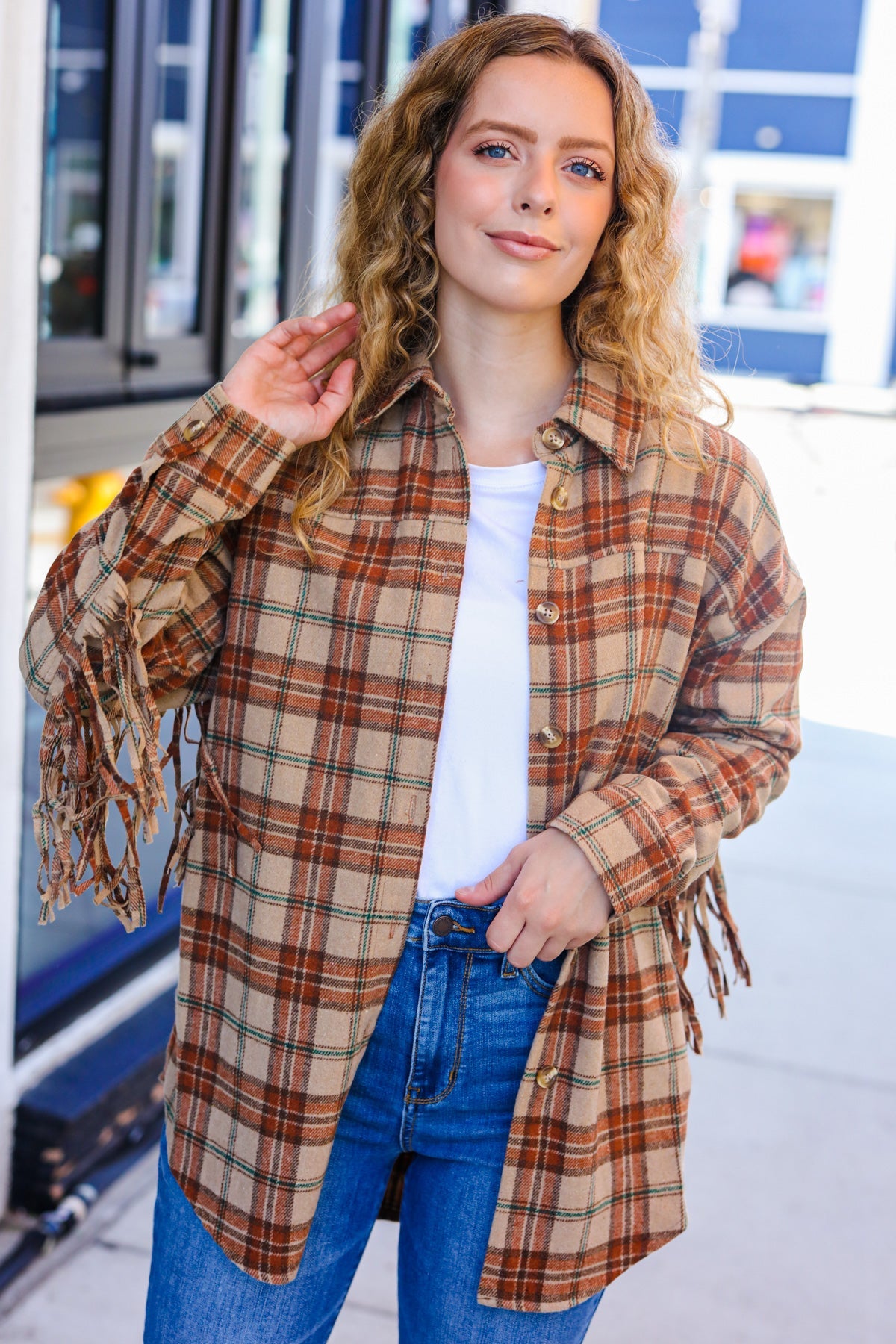 Haptics Taupe & Rust Flannel Plaid Fringe Jacket