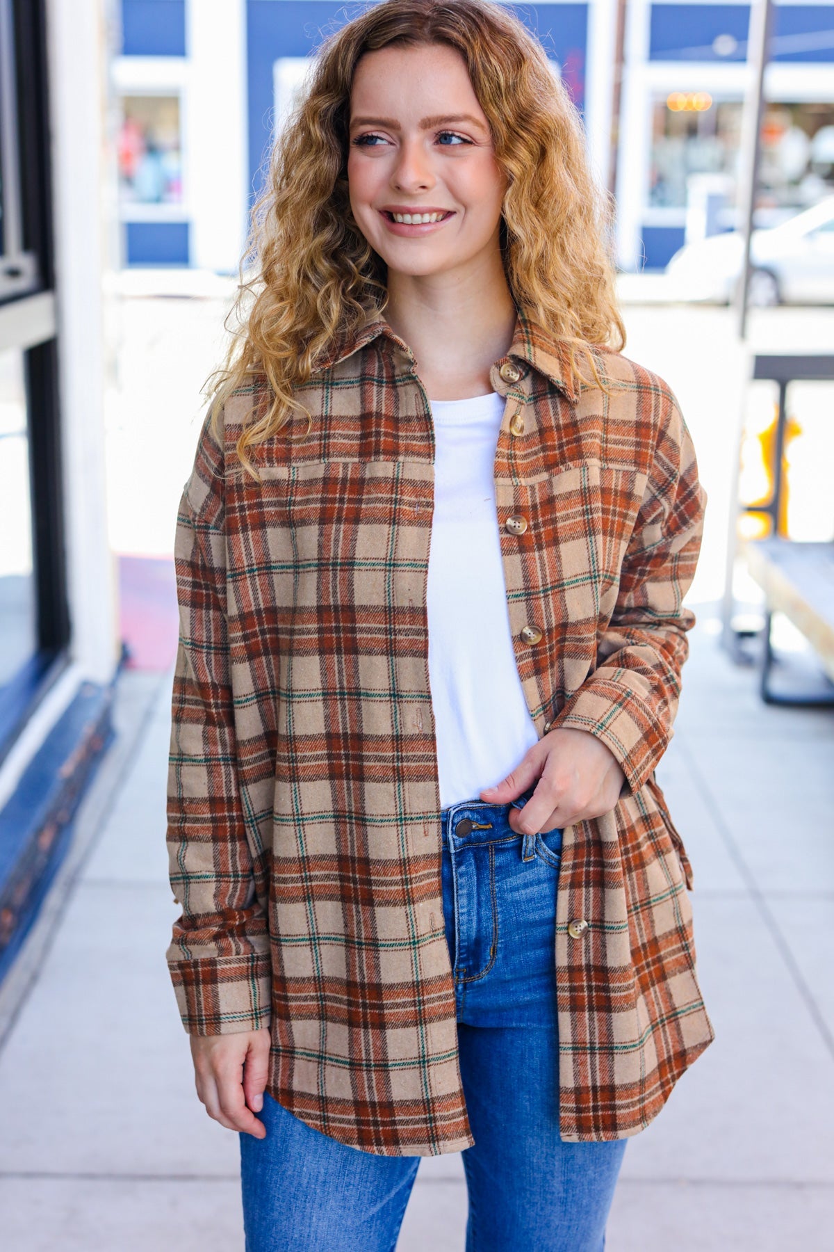 Haptics Taupe & Rust Flannel Plaid Fringe Jacket