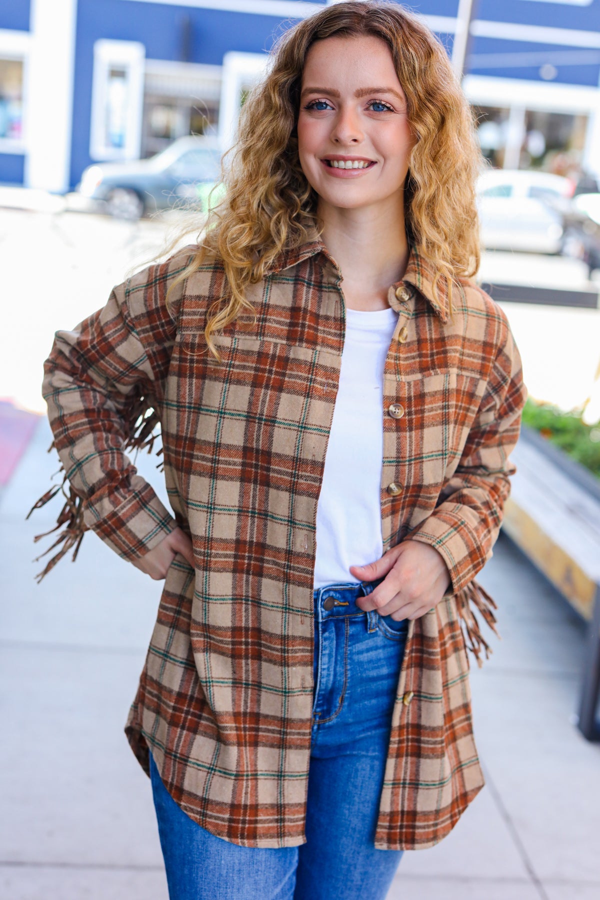 Haptics Taupe & Rust Flannel Plaid Fringe Jacket