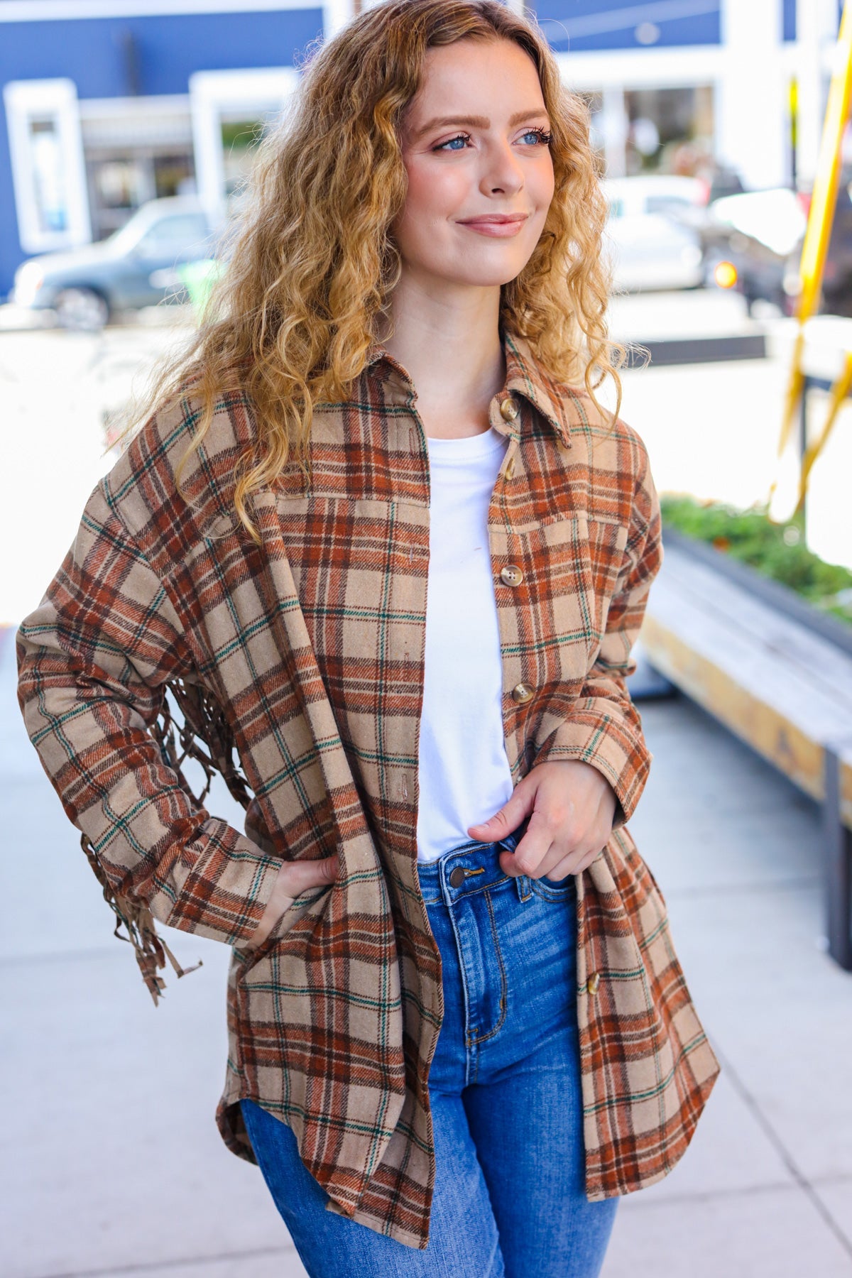 Haptics Taupe & Rust Flannel Plaid Fringe Jacket