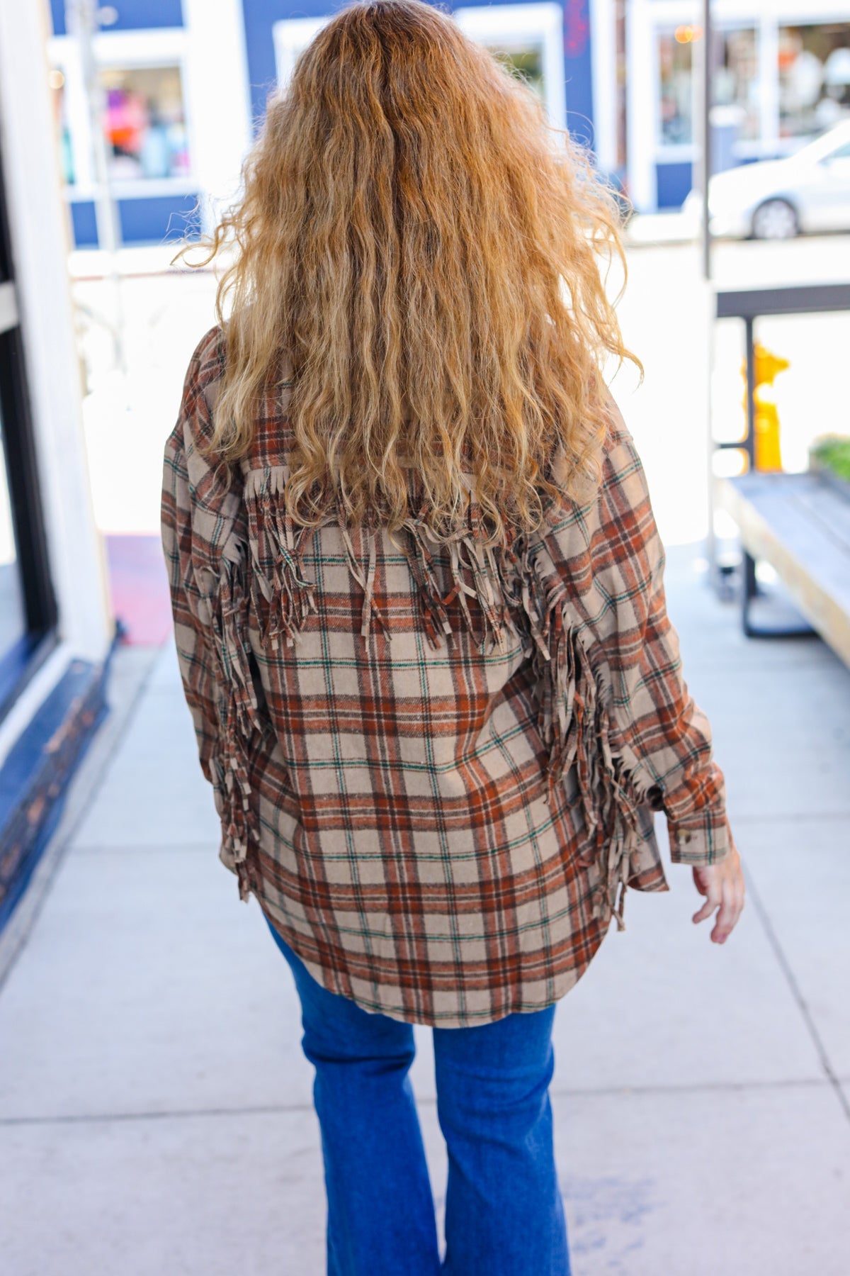 Haptics Taupe & Rust Flannel Plaid Fringe Jacket