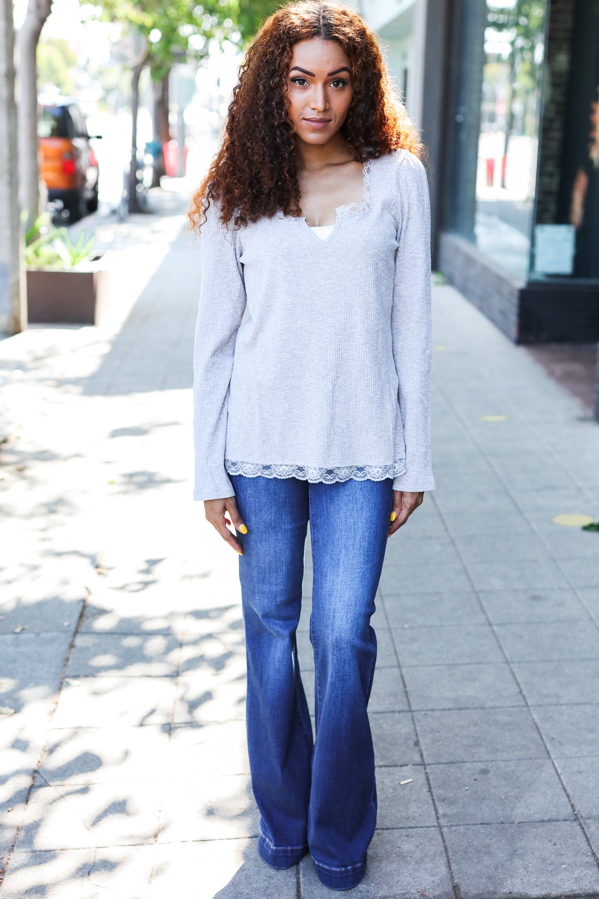 Time After Time Grey Lace Trim Rib Long Sleeve Top