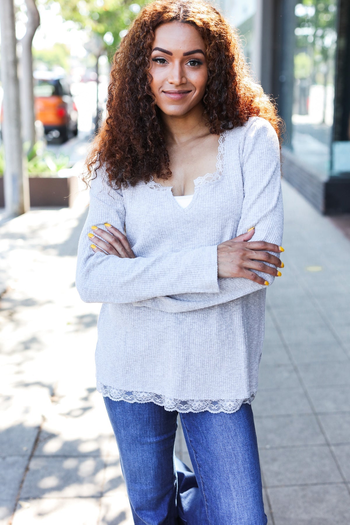 Time After Time Grey Lace Trim Rib Long Sleeve Top