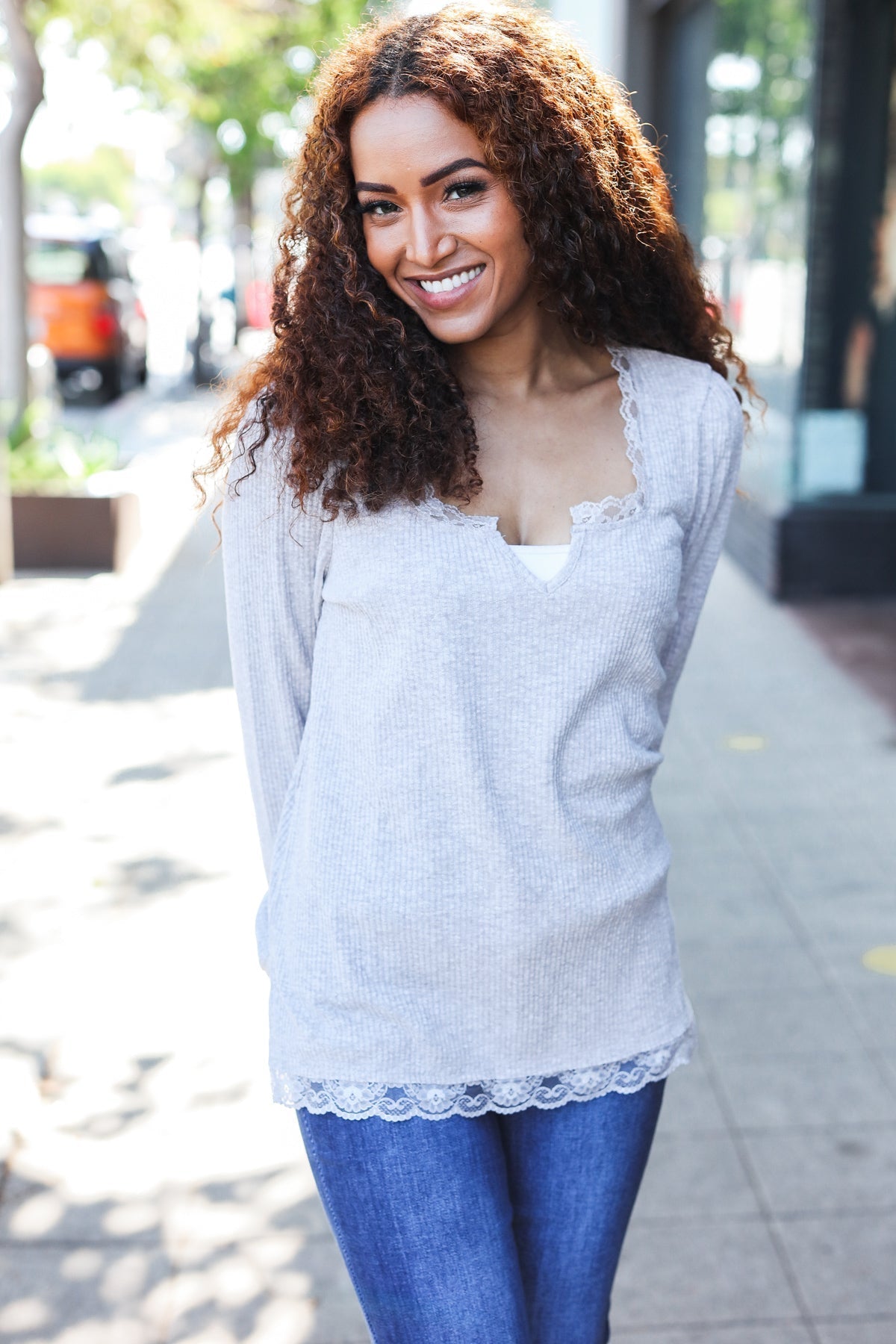 Time After Time Grey Lace Trim Rib Long Sleeve Top