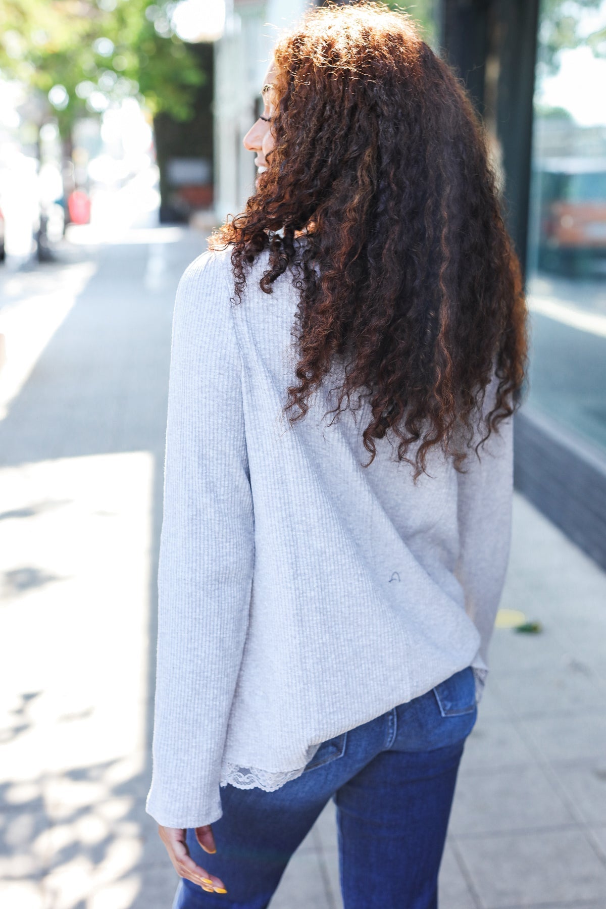 Time After Time Grey Lace Trim Rib Long Sleeve Top