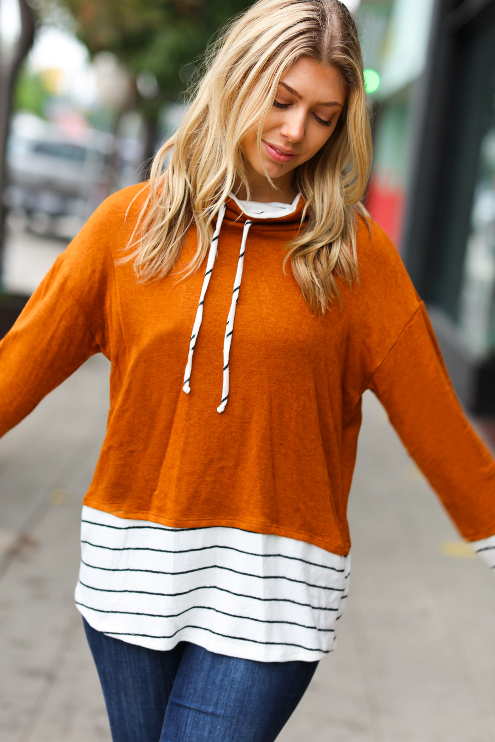 Haptics Rust Stripe Hacci Knit Turtleneck Top