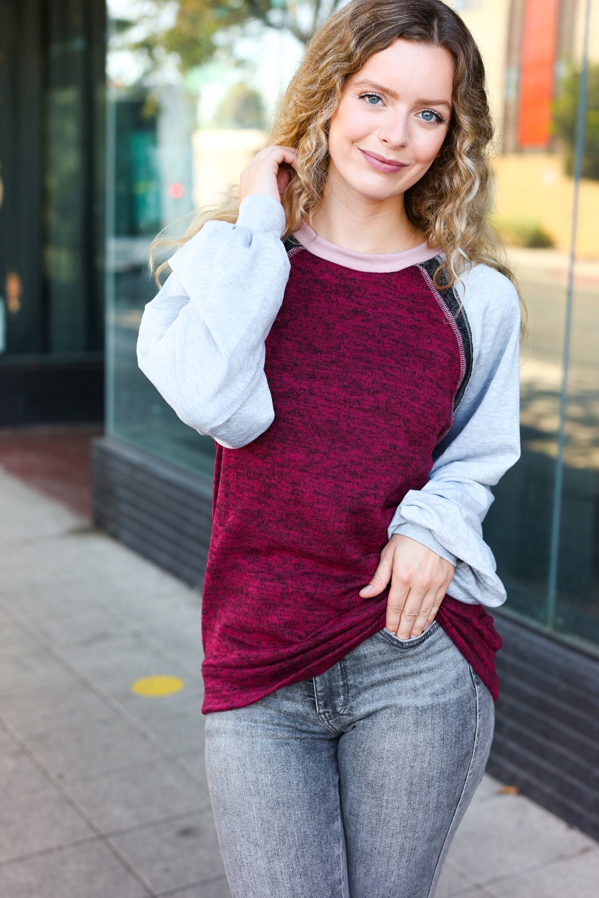 Beeson River Grey & Burgundy Color Block Raglan Sweater