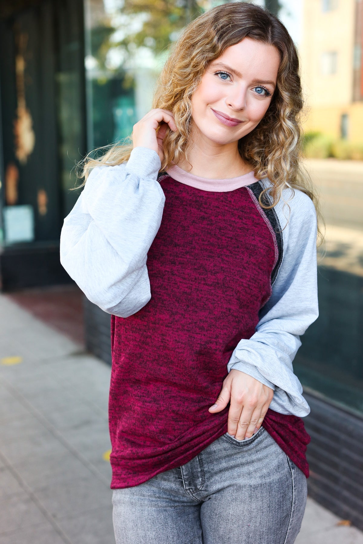 Beeson River Grey & Burgundy Color Block Raglan Sweater