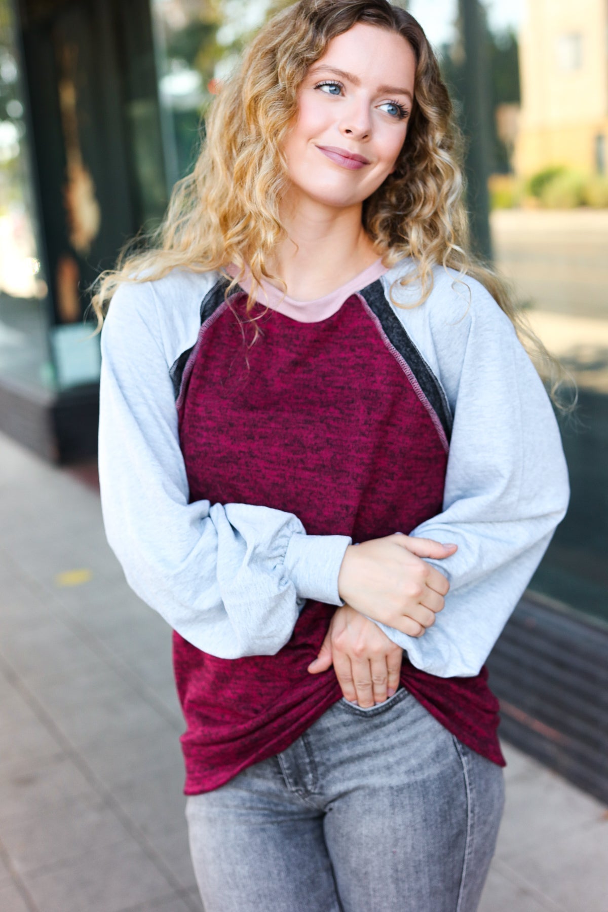 Beeson River Grey & Burgundy Color Block Raglan Sweater