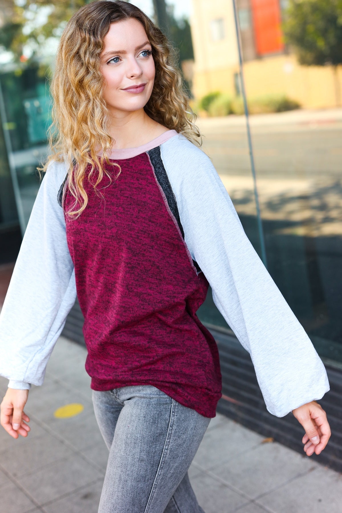 Beeson River Grey & Burgundy Color Block Raglan Sweater