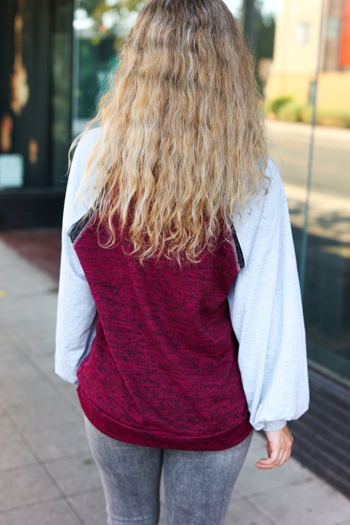 Beeson River Grey & Burgundy Color Block Raglan Sweater