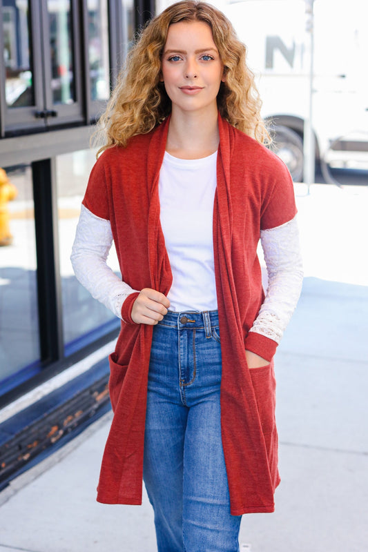 Beeson River Rust Lace Sleeve Front Pocket Hacci Cardigan