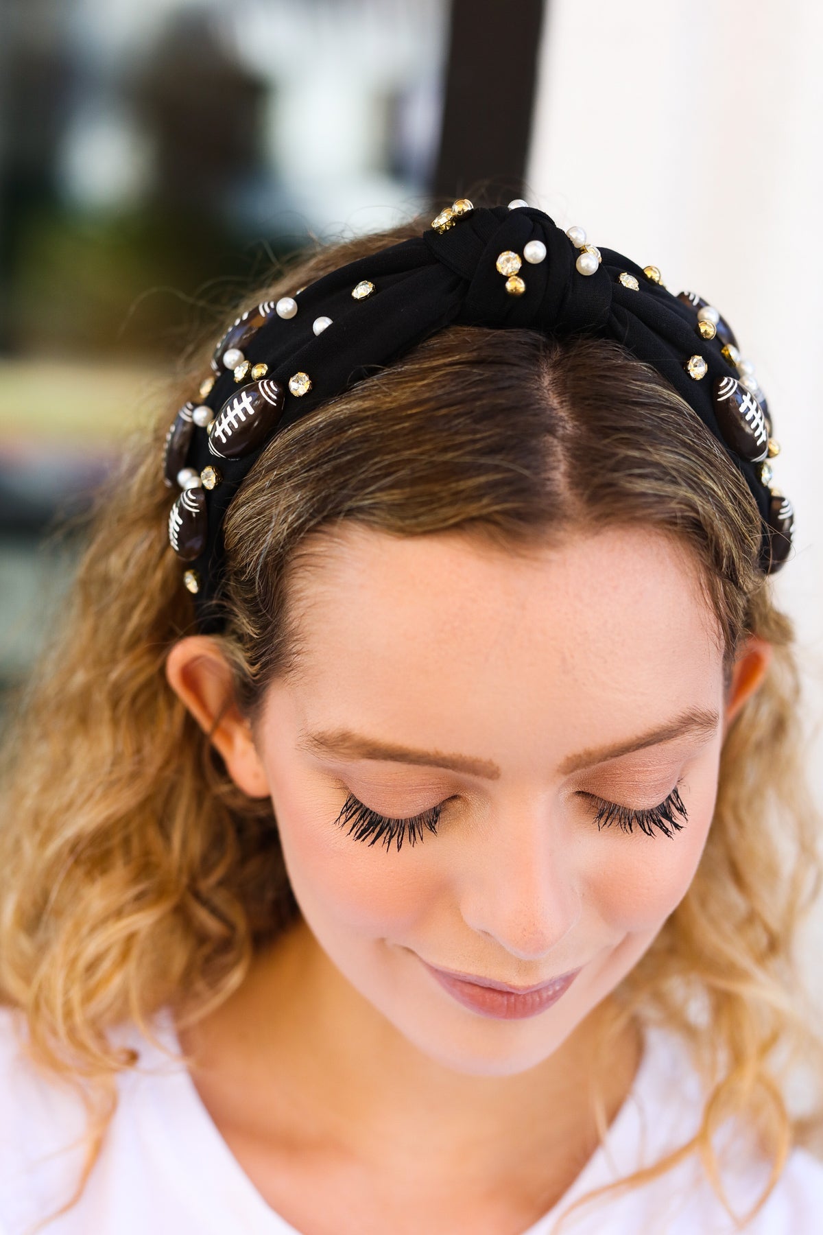 Jane Ruth Black Stone & Gem Football Embellished Top Knot Headband